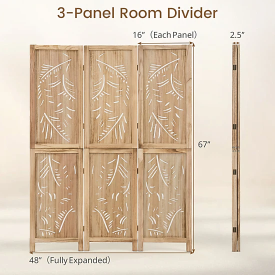 SUGIFT Palm Leaf 3-Panel Wooden Room Divider 67-in Tall Foldable ...