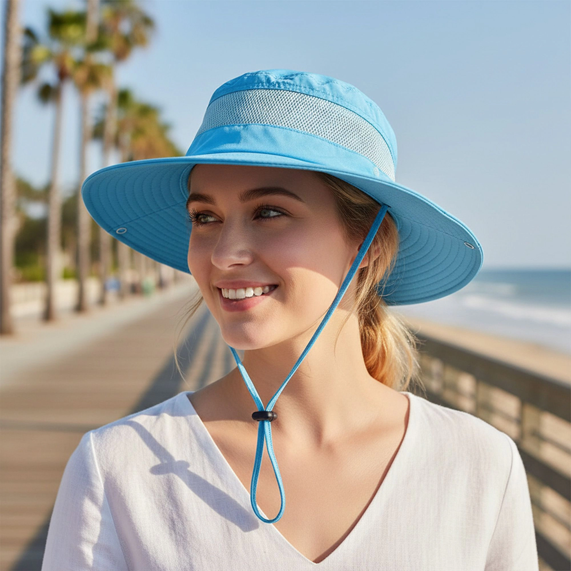 Anna-Kaci Women's Women Wide Brim Sun Hat with Ponytail Opening Adjustable Chin Strap Breathable Mesh Panel