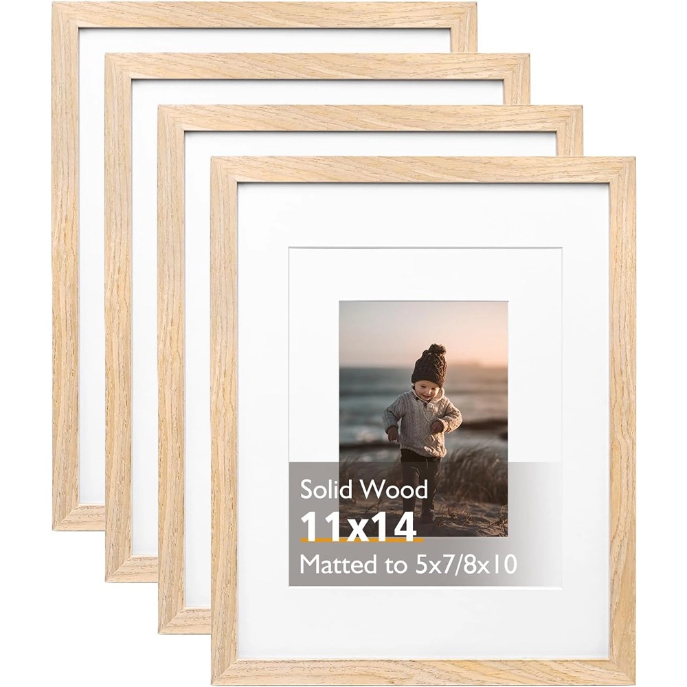 ACPJR 11x14 Picture Frames Set of 4, Natural Solid Wood Photo Frames with Acrylic, Mat for 5x7/8x10 Photos, Tabletop and