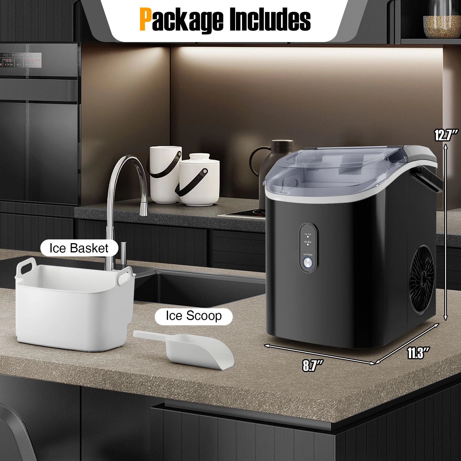 SlickBlue Black Silver Stainless Steel Nugget Ice Maker, 34 Lbs Daily