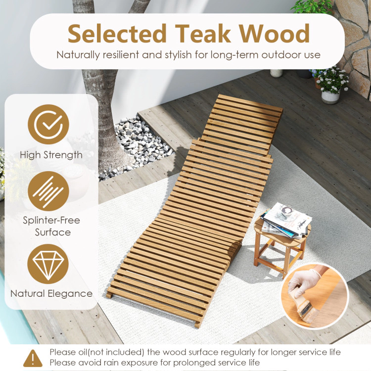 Hivvago Teak Wood Patio Folding Chaise Lounge Chair With Slatted Seat