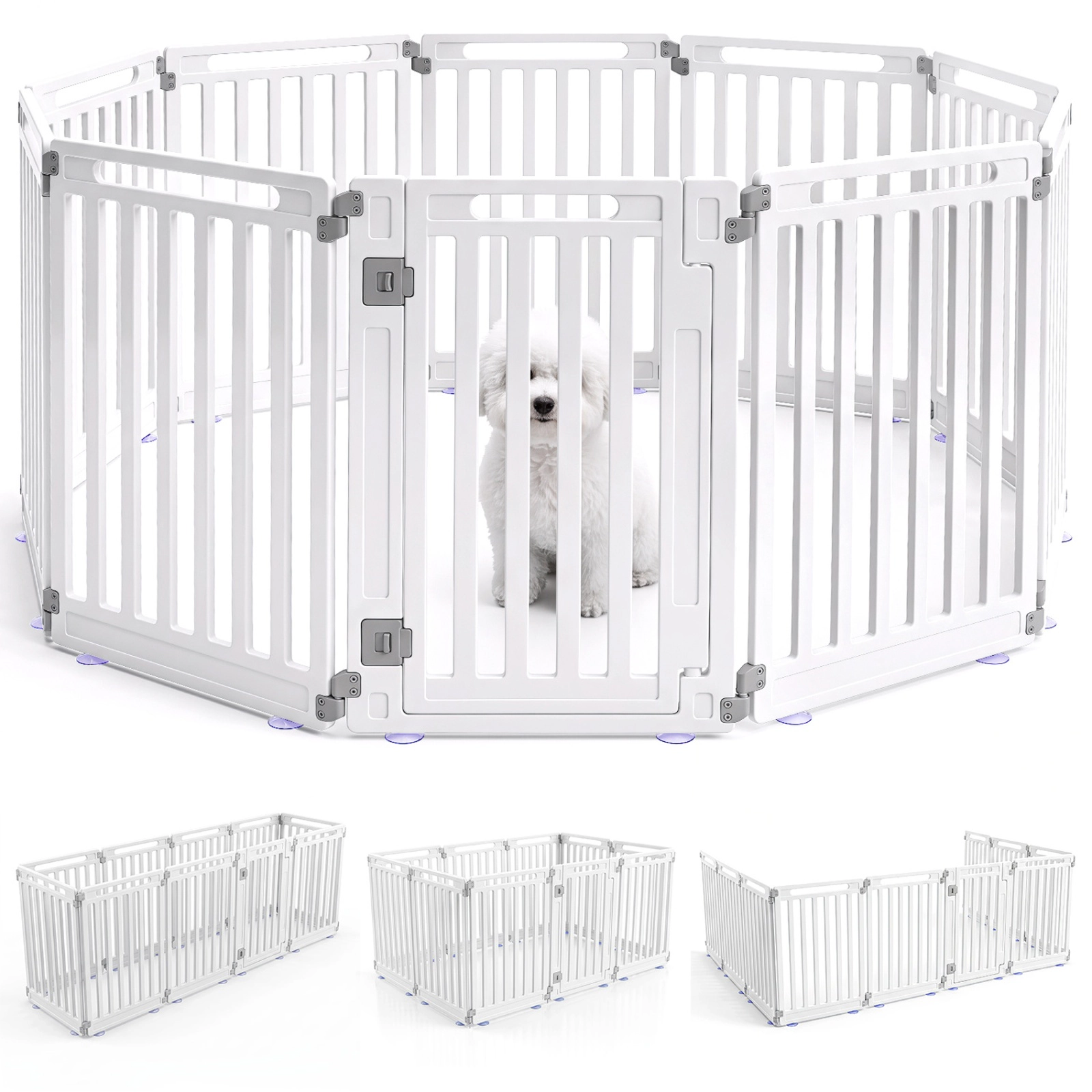 SUGIFT 10-Panel 31.5-in Height Indoor Outdoor Pet Gate Playpen with Rotating Panels and Latching Door Black/White