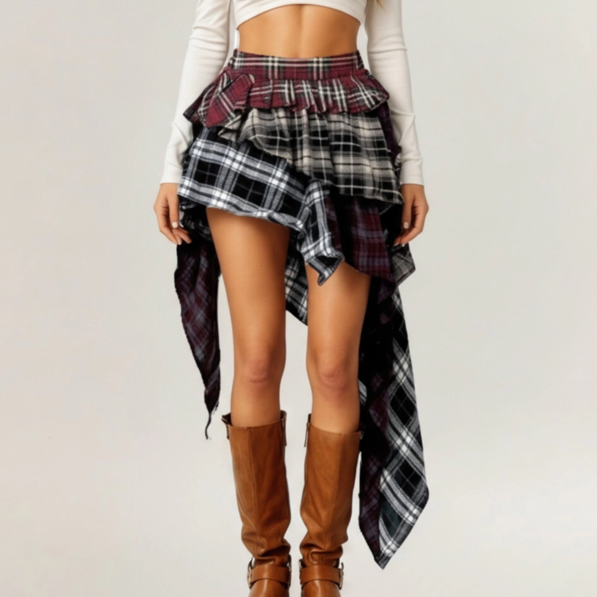 Anna-Kaci Womens Asymmetric Plaid Layered Ruffle Mini Skirt