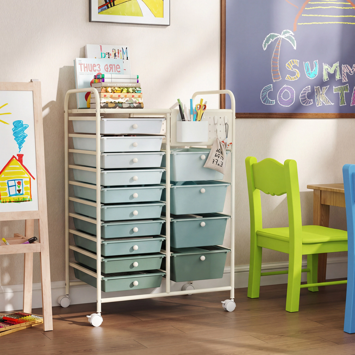 SUGIFT Metal Tabletop and Pegboard Panels 14-Drawer Rolling Storage Cart