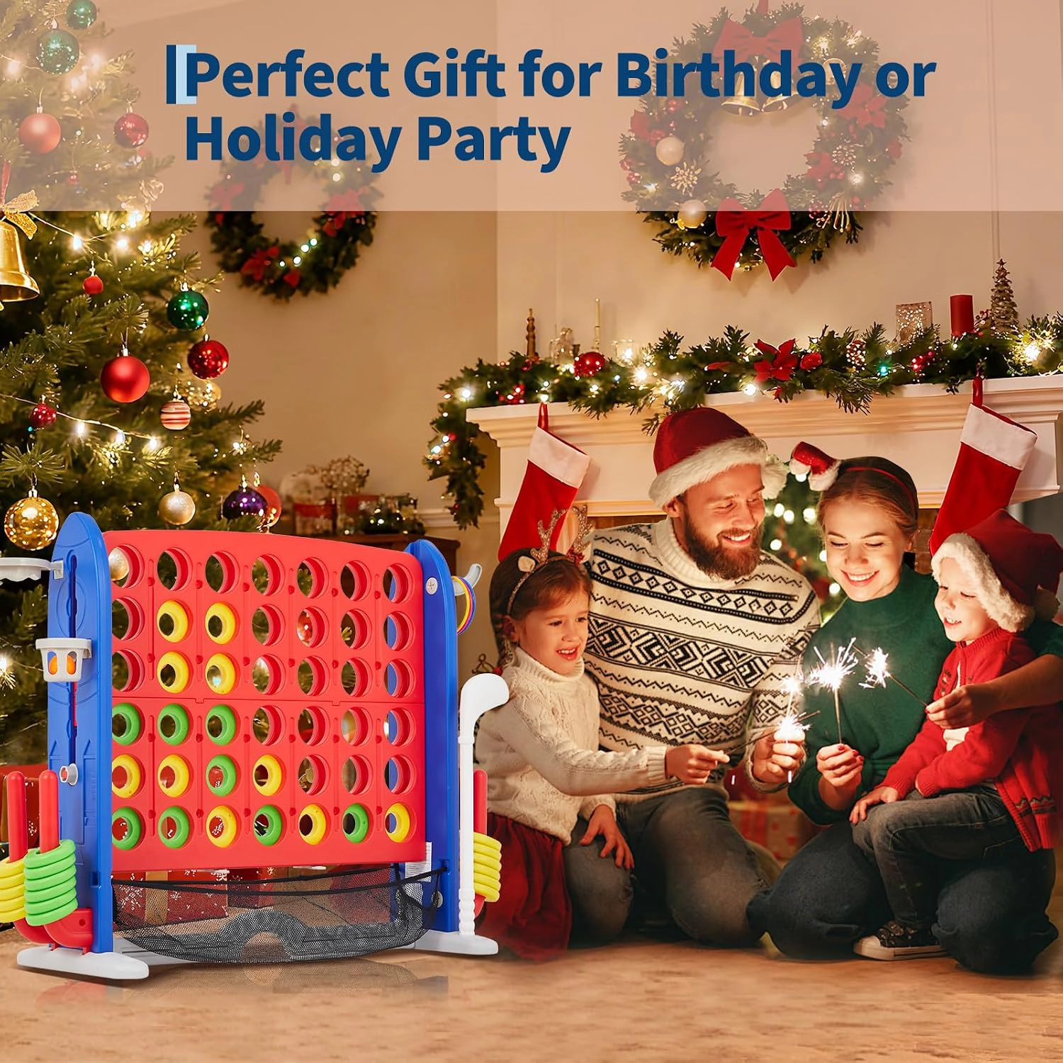 Giant 4-in-1 Floor Game Set, 3-Level Adjustable Height with Basketball, Golf, Ring Toss & 4-in-a-Row