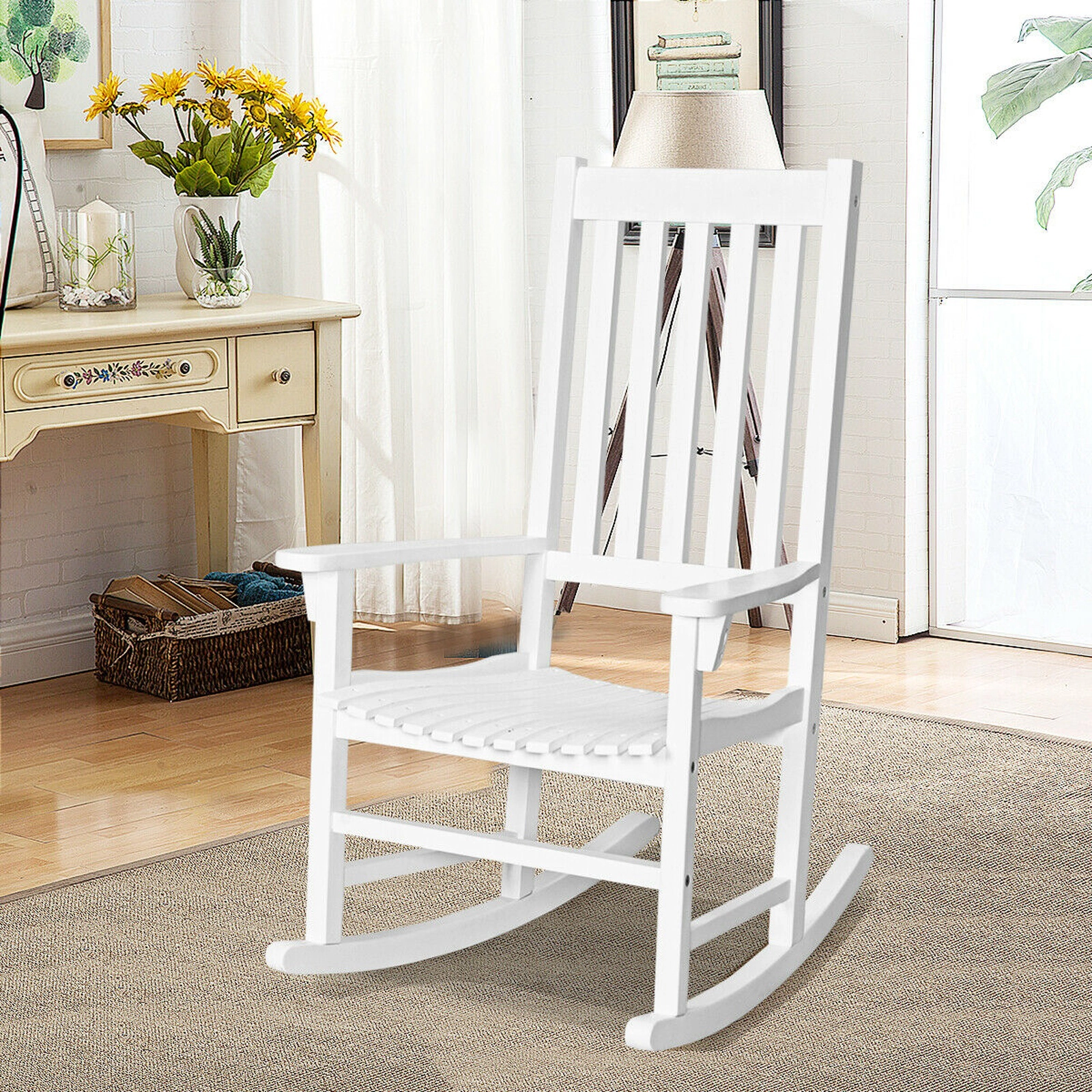 SUGIFT Indoor Outdoor Acacia Wood High Back Rocking Chair 350-lb Capacity 33 x 28 x 45.5-in Frame 21 x 20-in Seat White