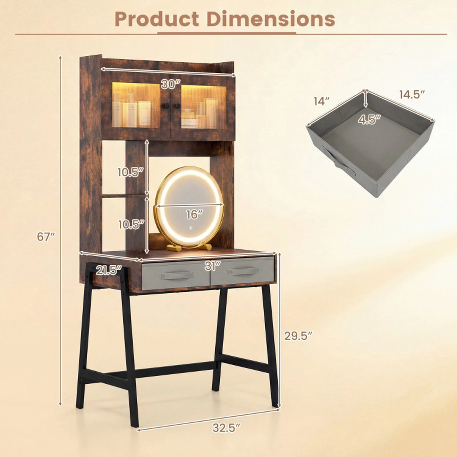 SUGIFT 67 in Vanity Desk with Rotating 16 in Mirror, Dimmable Lights and Storage