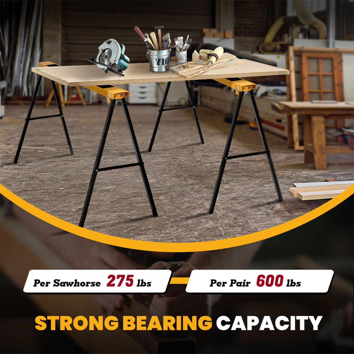 SUGIFT Heavy Duty Steel Folding Sawhorse 275-lb Capacity Each 39-in Long 2-Pack Black and Yellow