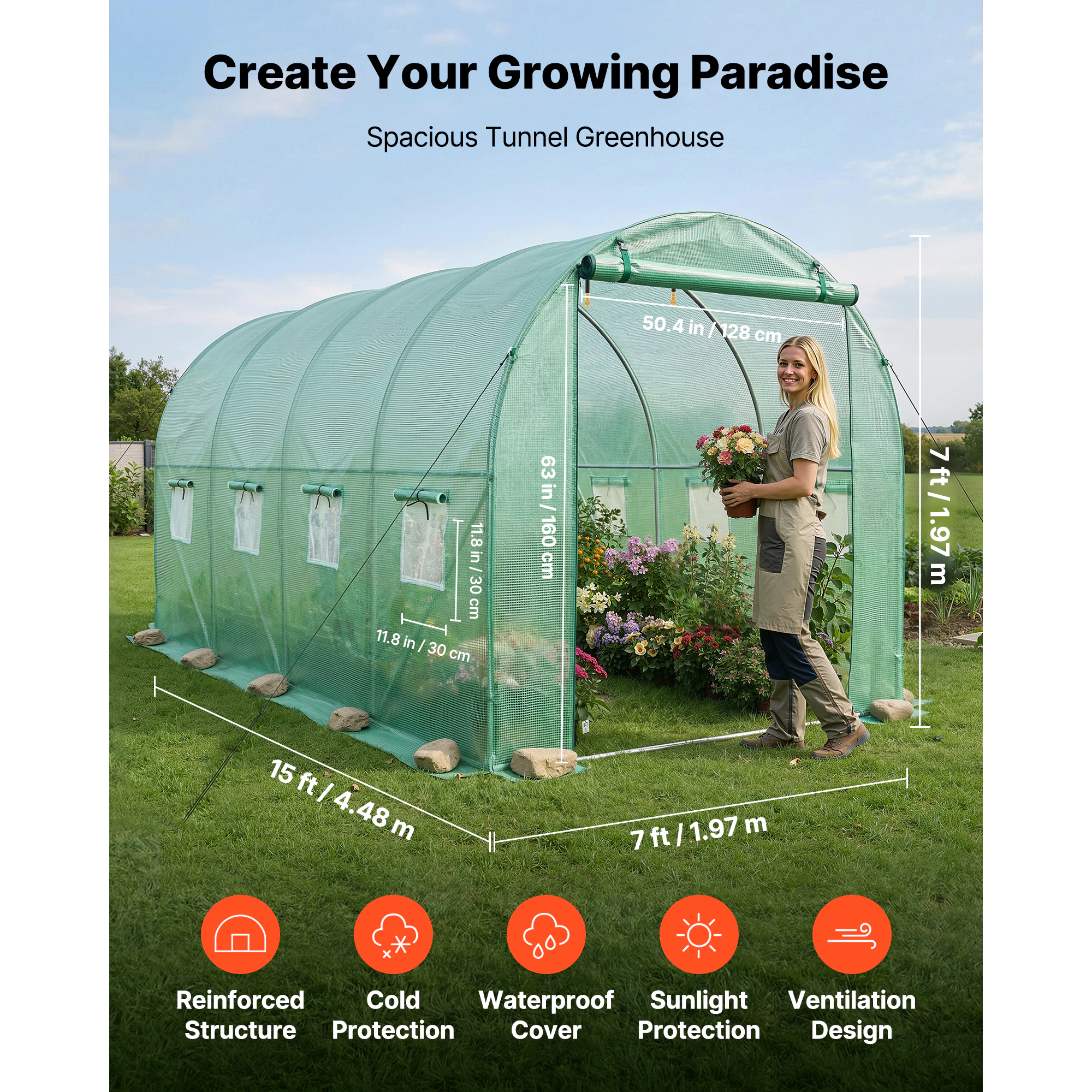HONGGE Walk-in Green House Greenhouse with Shelves High Strength PE Cover with Zipper Door and Steel Frame Assembly in
