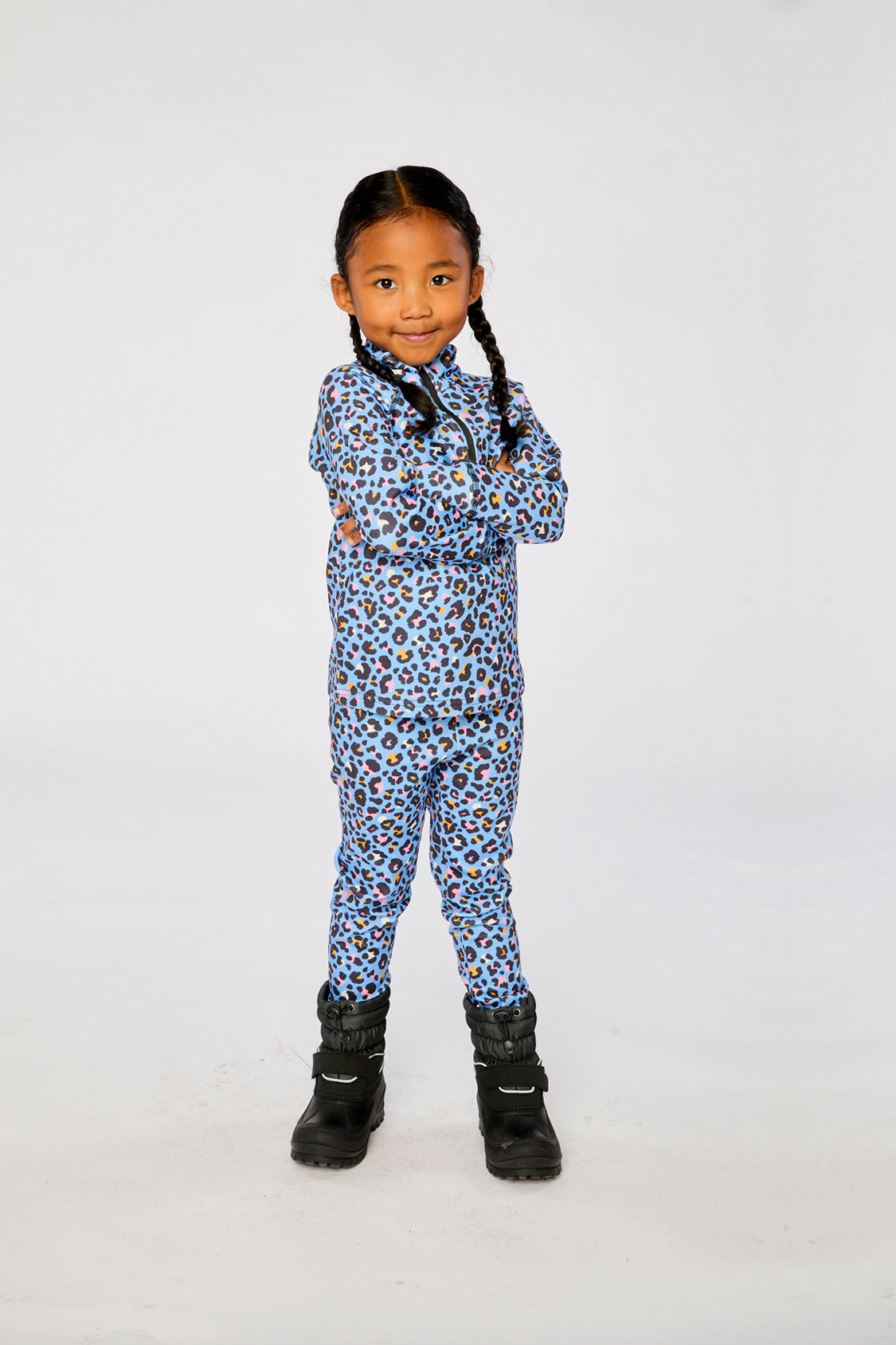 Deux par Girls Two Piece Leopard Print Half-Zip Thermal Underwear Top and Pants Set