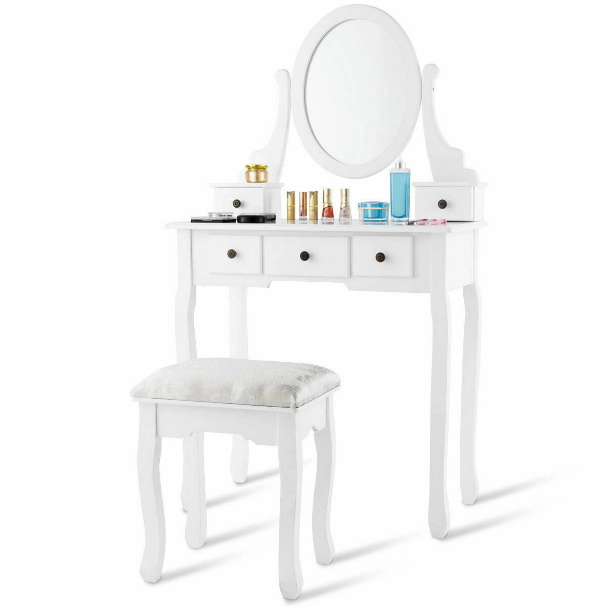 SlickBlue White Makeup Vanity Set with Mirror, 5 Drawers & Stool