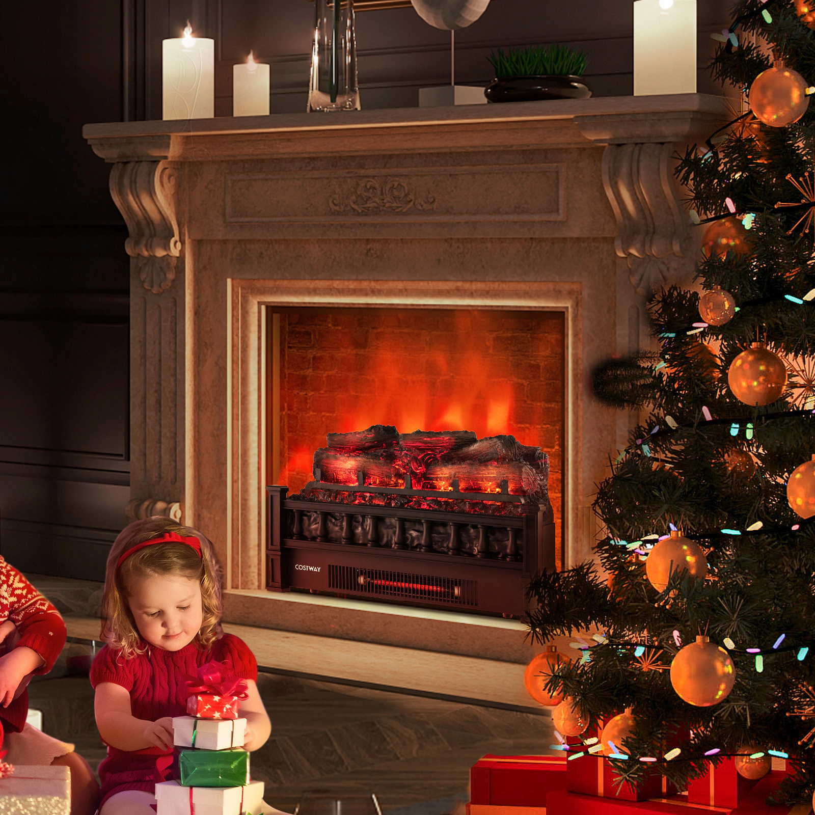 LJG 20 Inch Electric Fireplace Heater with Realistic Pinewood Ember Bed