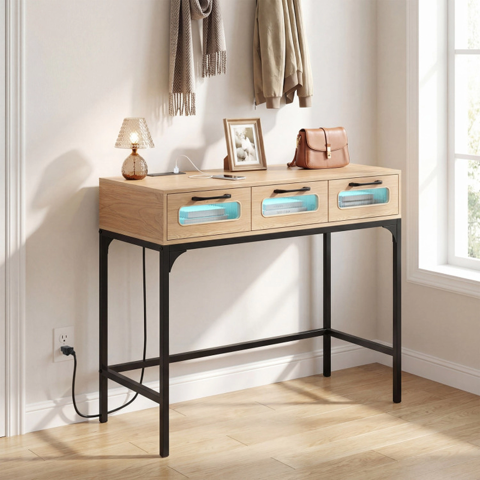 SUGIFT 35.5-in 100-lb Capacity Natural Console Table with Built-In Charging Station and 16-Color LED Lighting