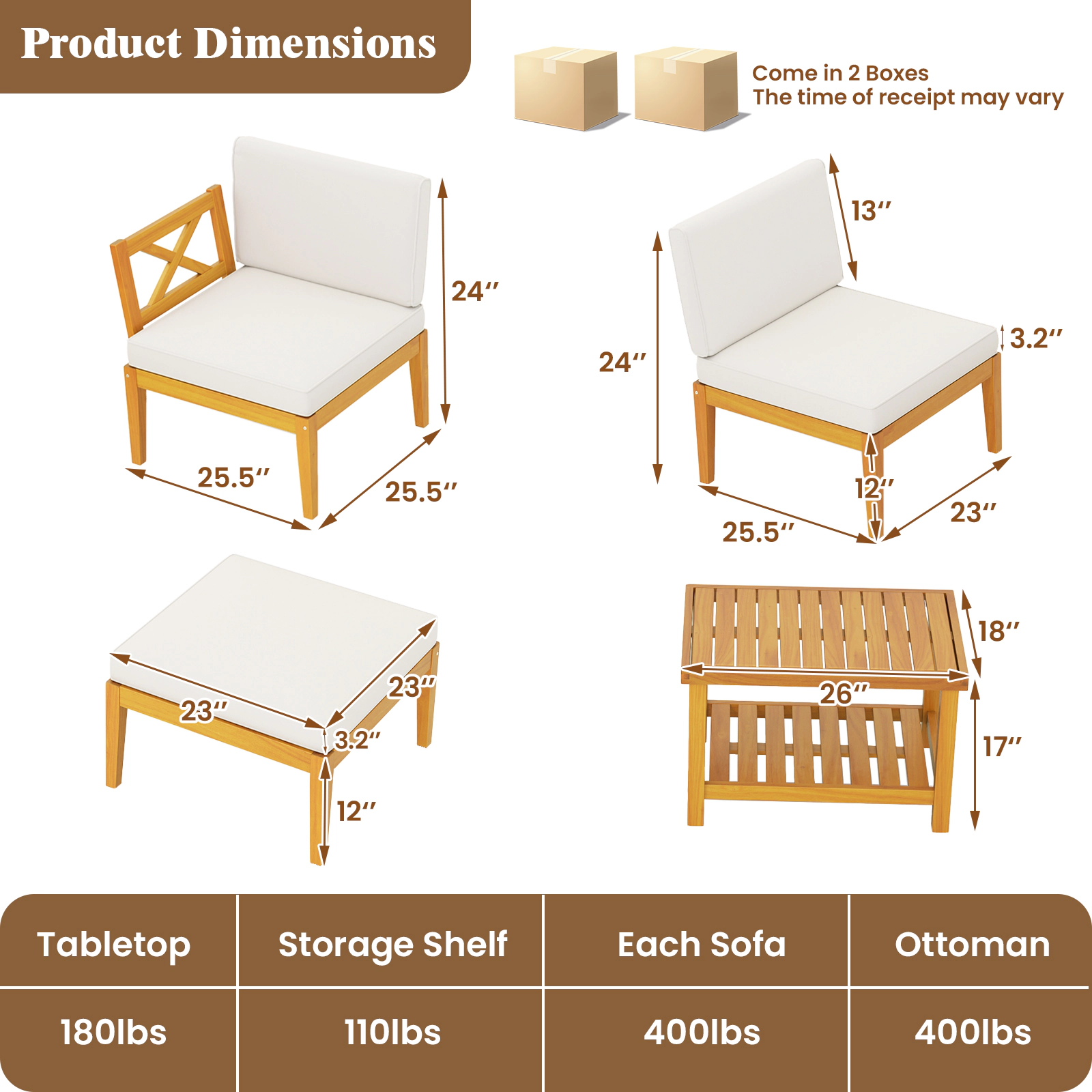 SUGIFT 5-Piece Off-White Acacia Wood Patio Chaise Lounge Set with Ottoman and 2-Tier Table