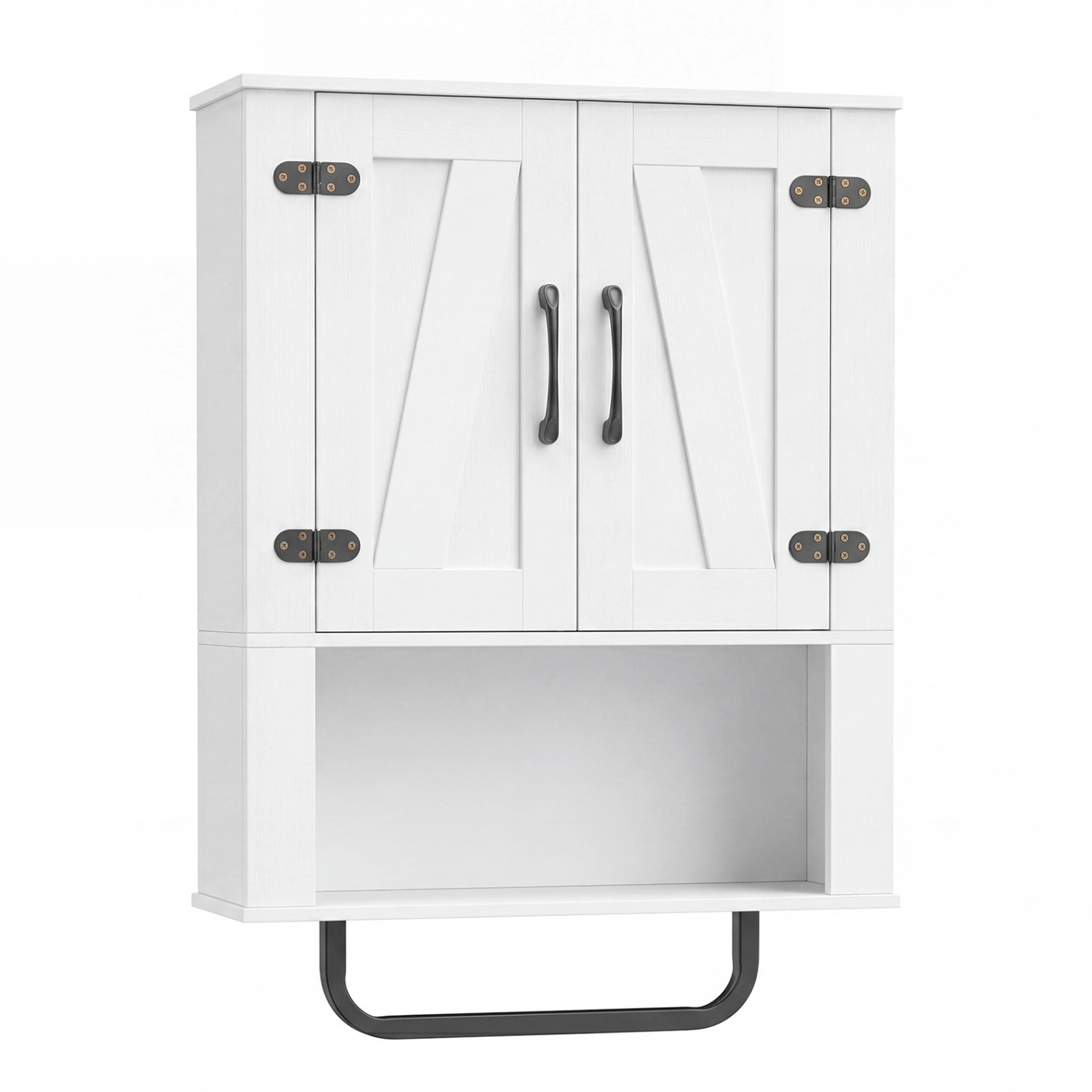SUGIFT White 11-lb Per Shelf 2-Barn-Door Wall Mounted Bathroom Storage Cabinet with Towel Bar and 3-Tier Shelves