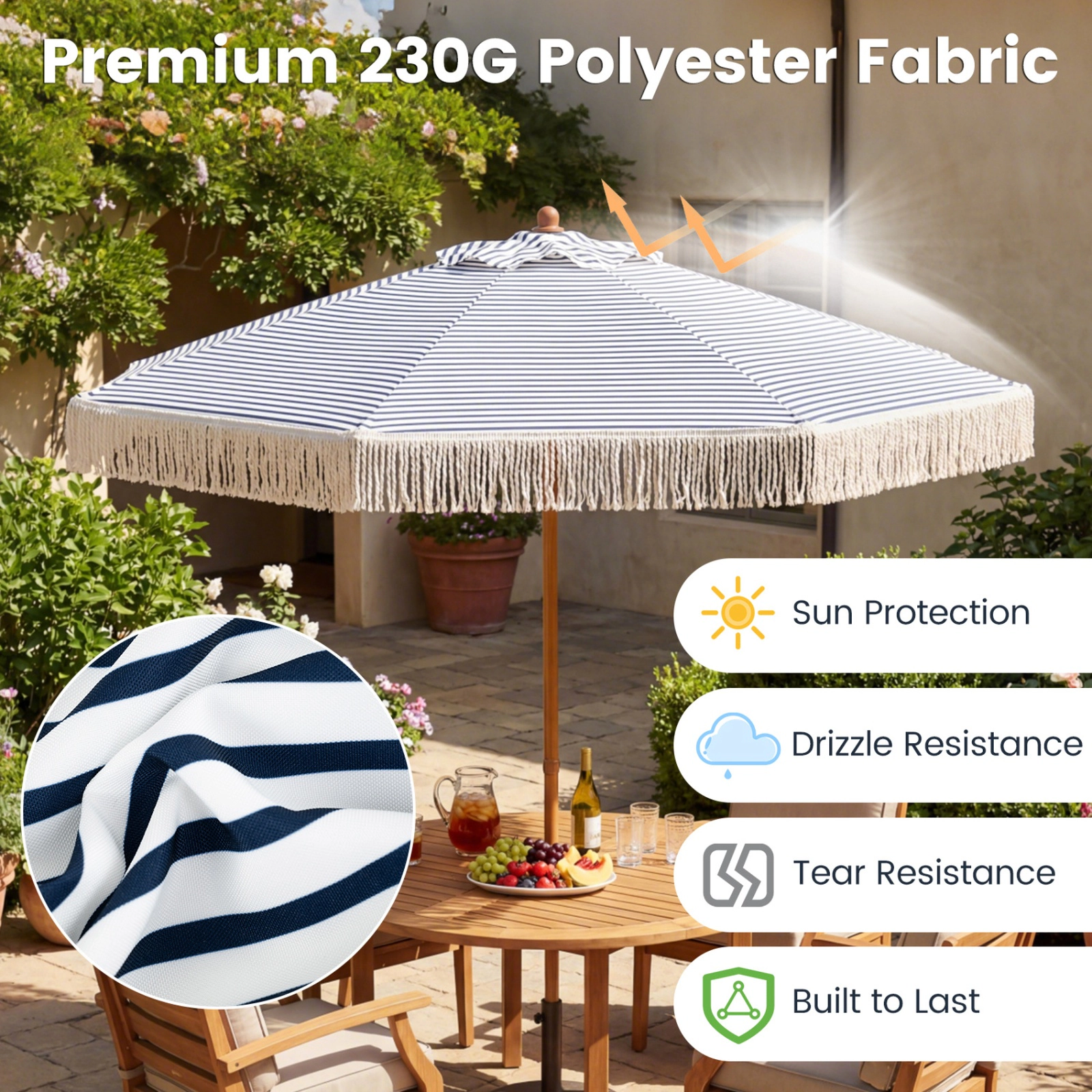 SUGIFT 7-ft Striped Patio Umbrella with Fringe Boho Tassel Sun-Protective Beach Umbrella Blue White Natural