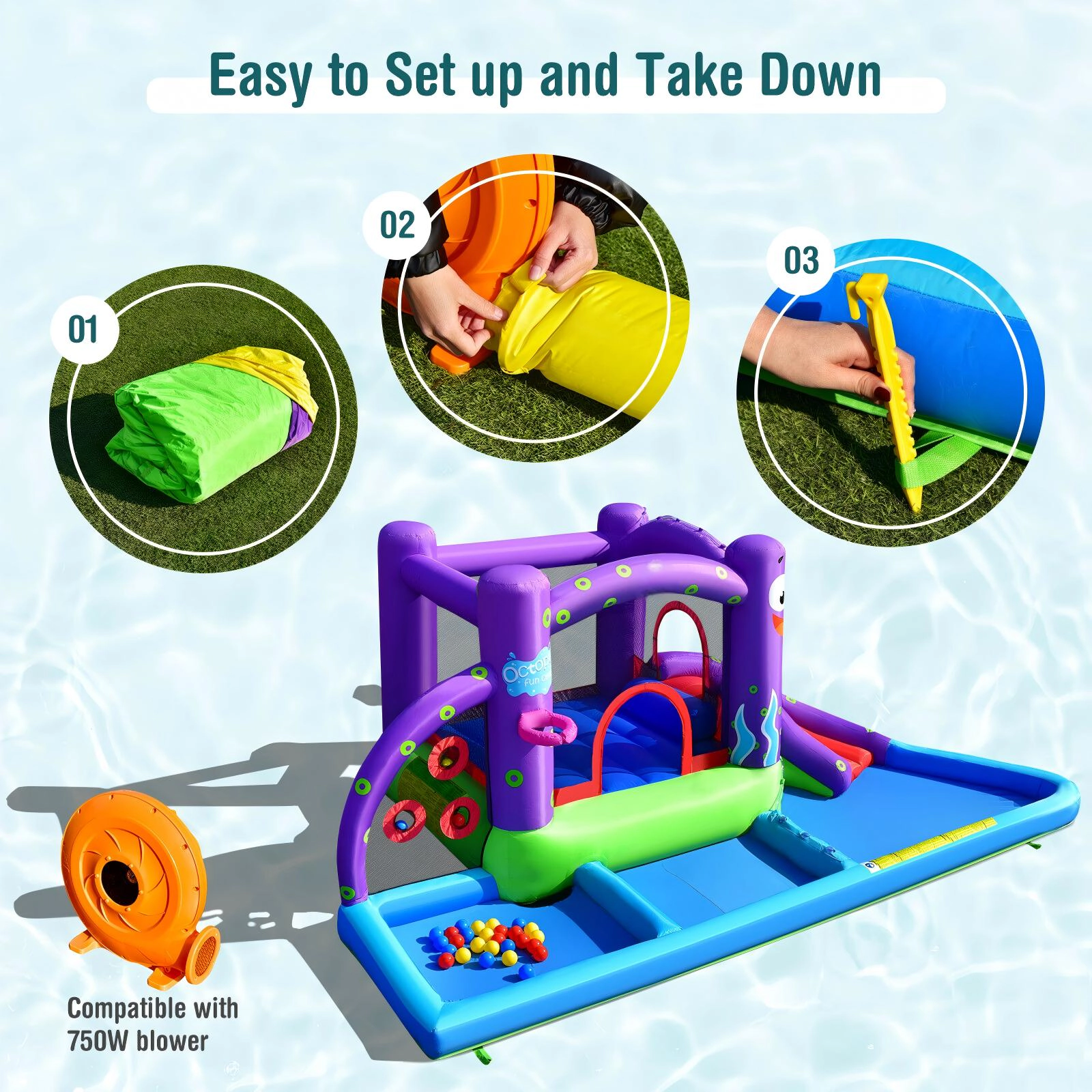 SUGIFT Inflatable Trampoline Water Slide Park with Splash Pool Ring Toss Basketball Rim and 750W Blower