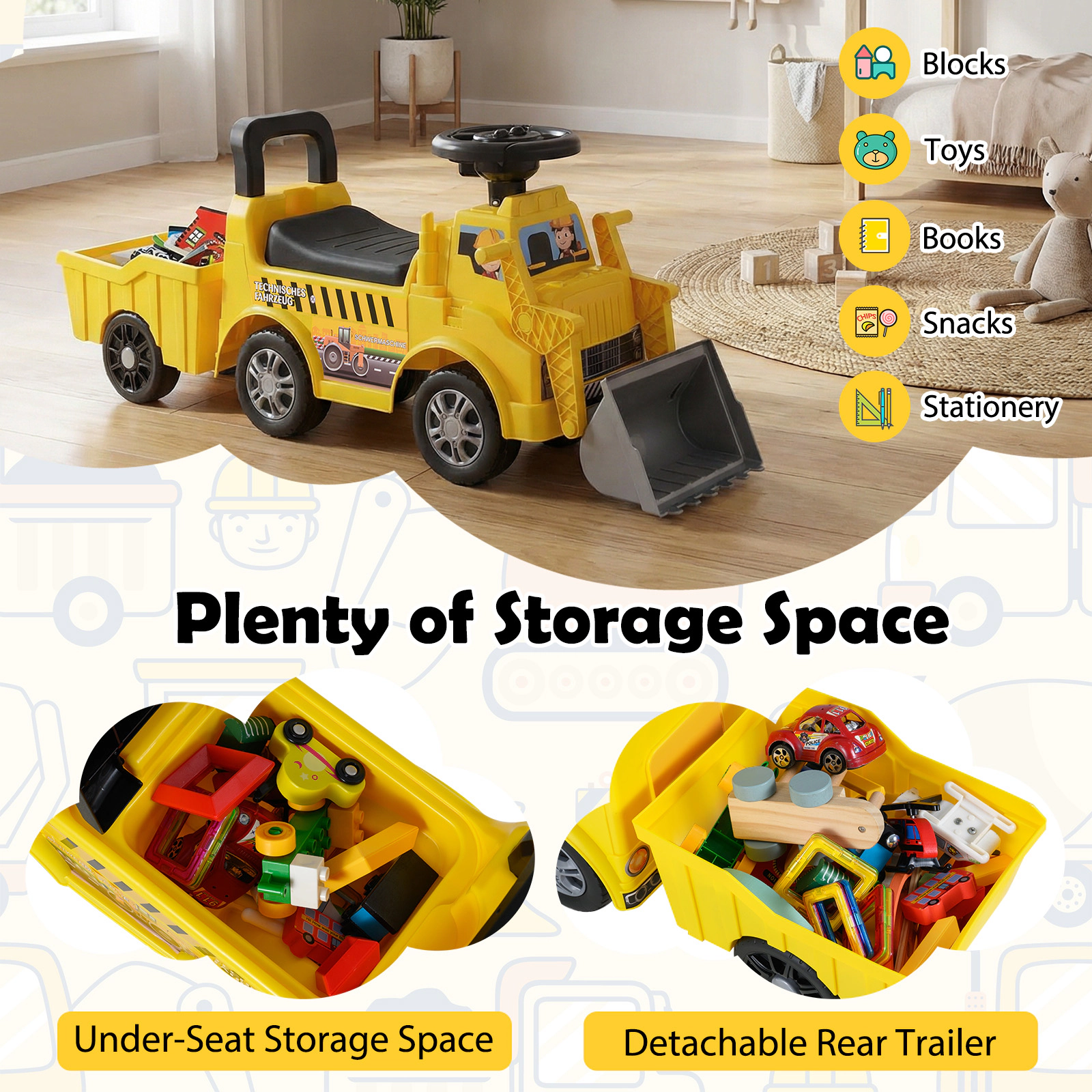 LJG Kids Digger Ride on Truck with Shovel and Under-Seat Compartment
