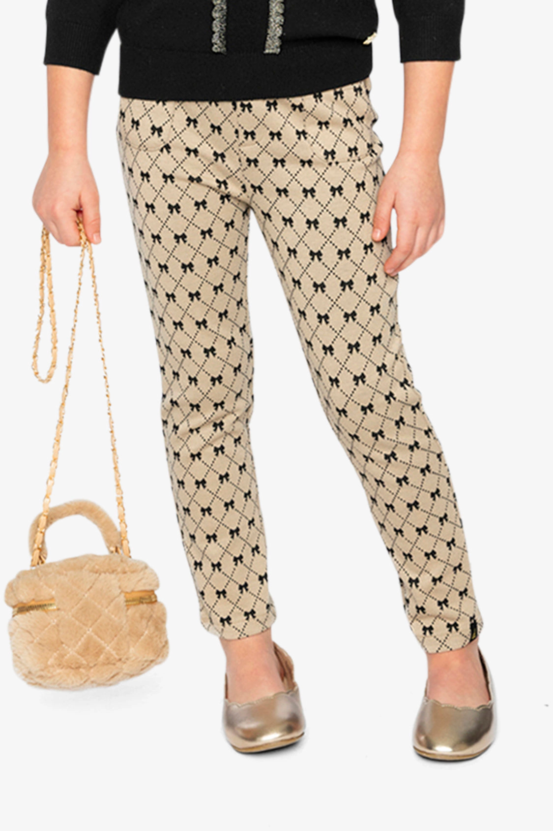 Deux par Deux Girls Jacquard Knit Elastic Waist Bow Tie Print Treggings