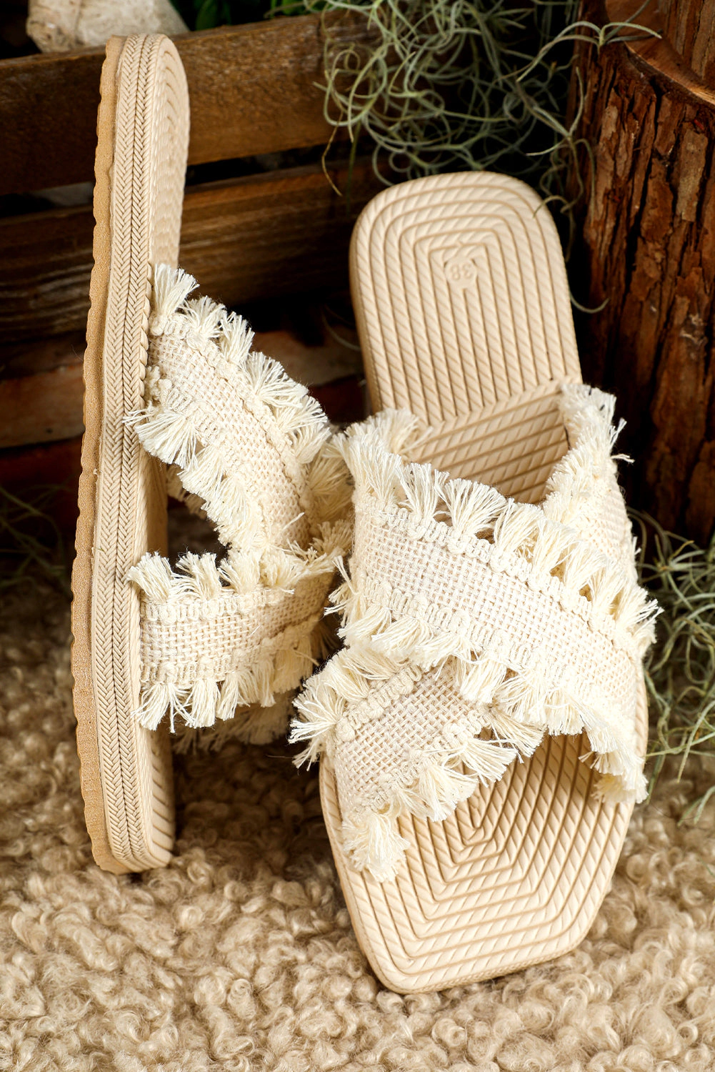 Threaded Pear Women's Vada Tassel Woven Crossed Straps Flat Slippers