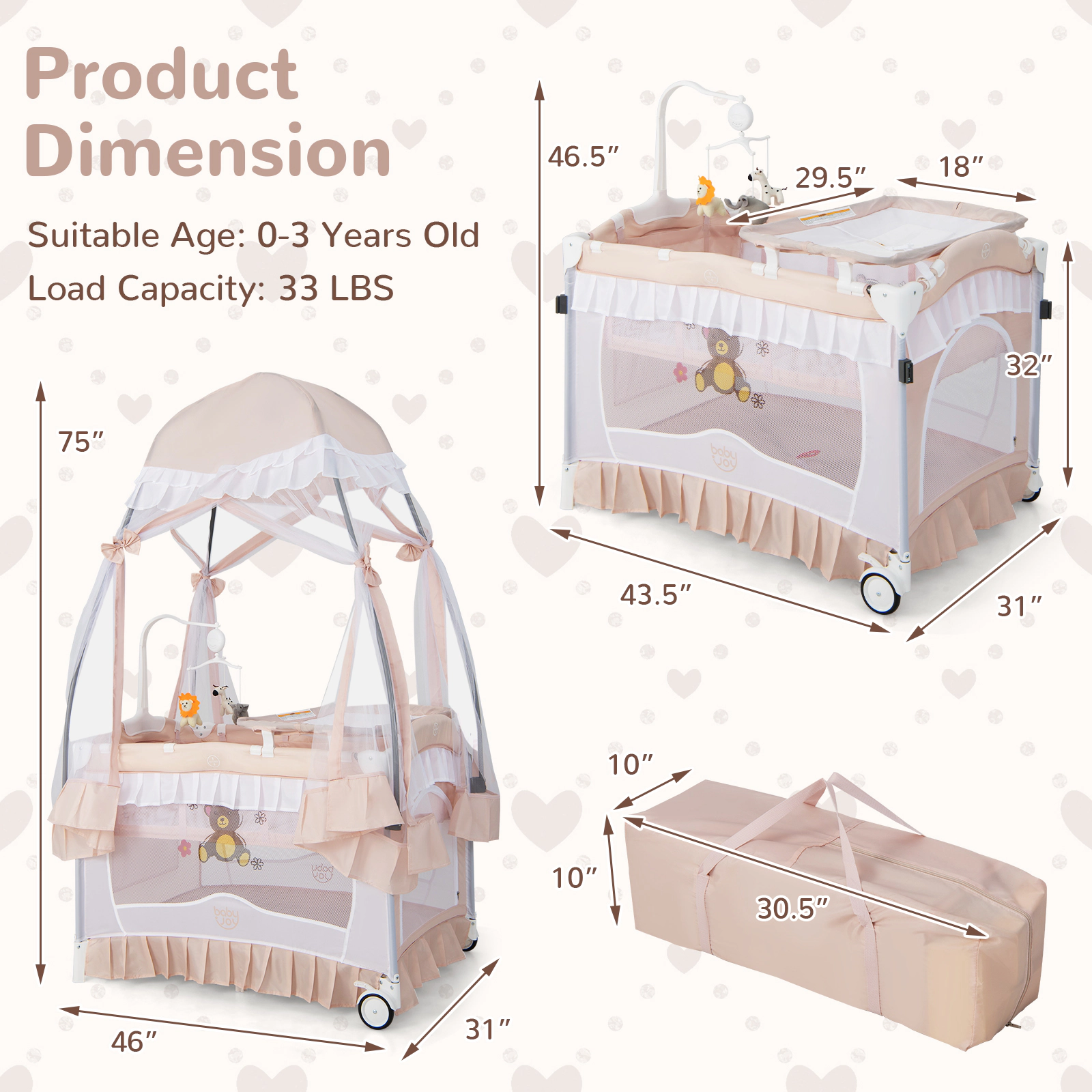 SUGIFT Convertible Bassinet Playard with Removable Changing Table & Detachable Mesh Net 33-lb Playpen Capacity Ages 0-36