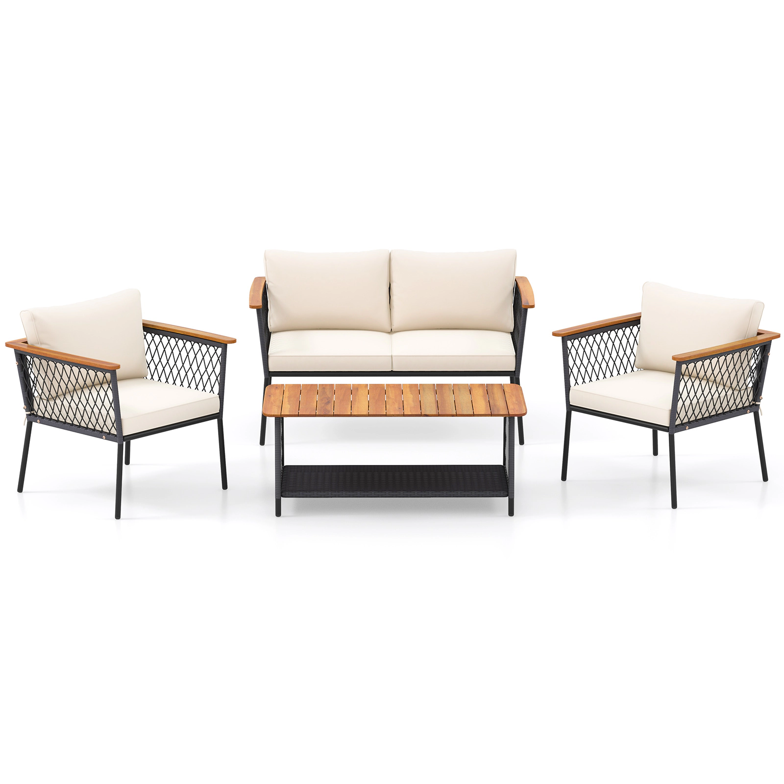 LJG 4 Piece Patio Rattan Furniture Set with 2-Tier Coffee Table