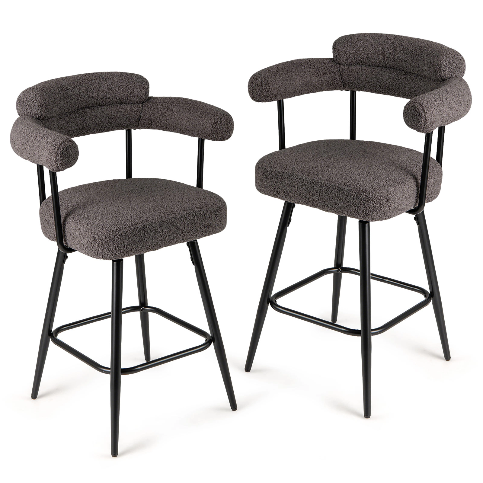 SUGIFT Boucle Swivel Counter Height Bar Stool Chairs with Curved Back and Arms 330-lb Capacity Set of 2 Gray