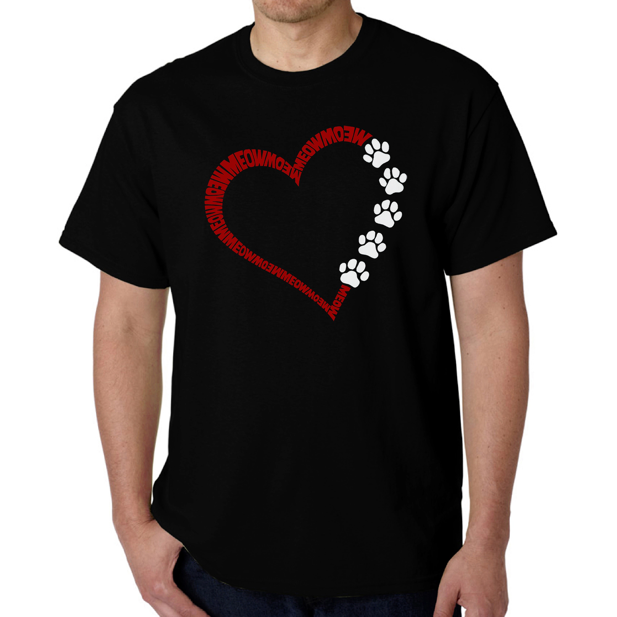 LA Pop Art Meow Heart Men's Word T-Shirt - 100% Cotton, Crew Neck, Short Sleeve