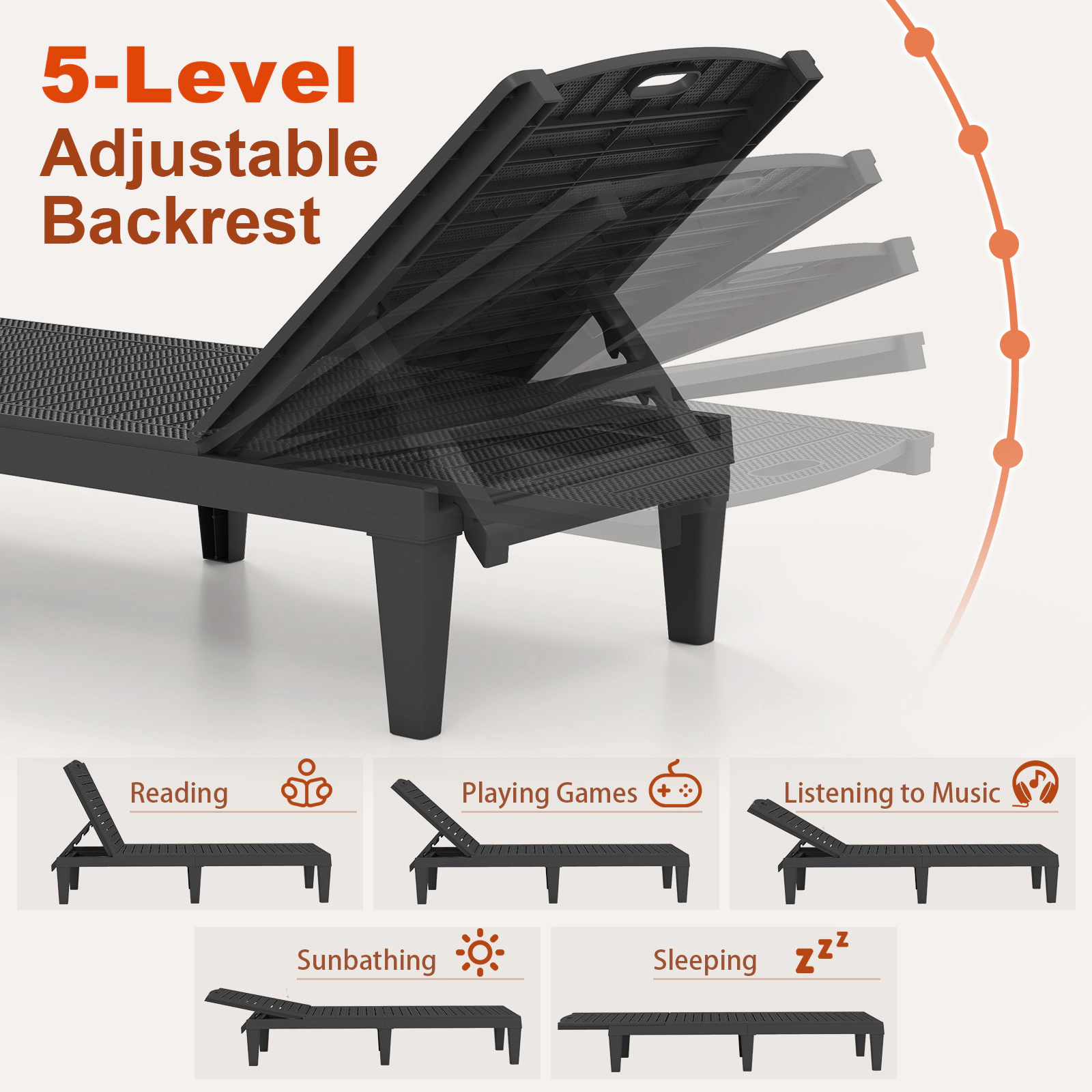 LJG Outdoor PP Chaise Lounge Chairs Set of 2 with 4-Position Adjustable Backrests