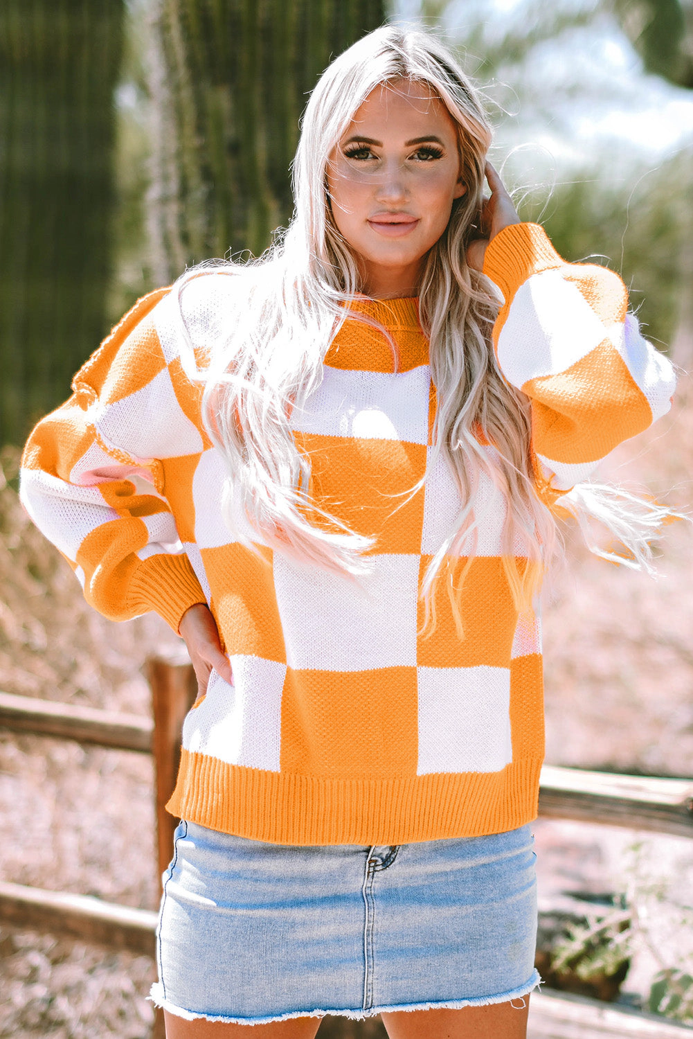 Threaded Pear Women's Ashley Checkered Bishop Sleeve Sweater