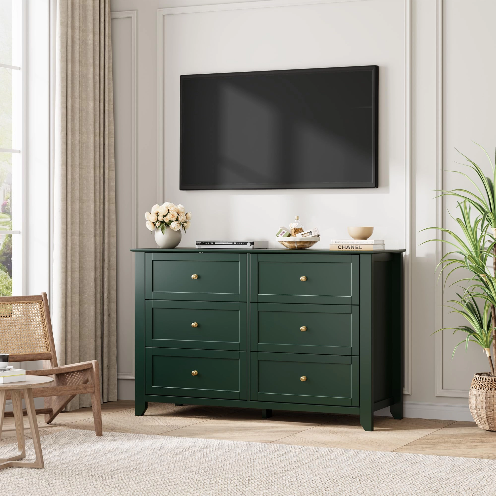6 Drawer Dresser with Metal Knobs, 47.2" Wide Wooden Double Storage Chest for Bedroom Entryway Hallway