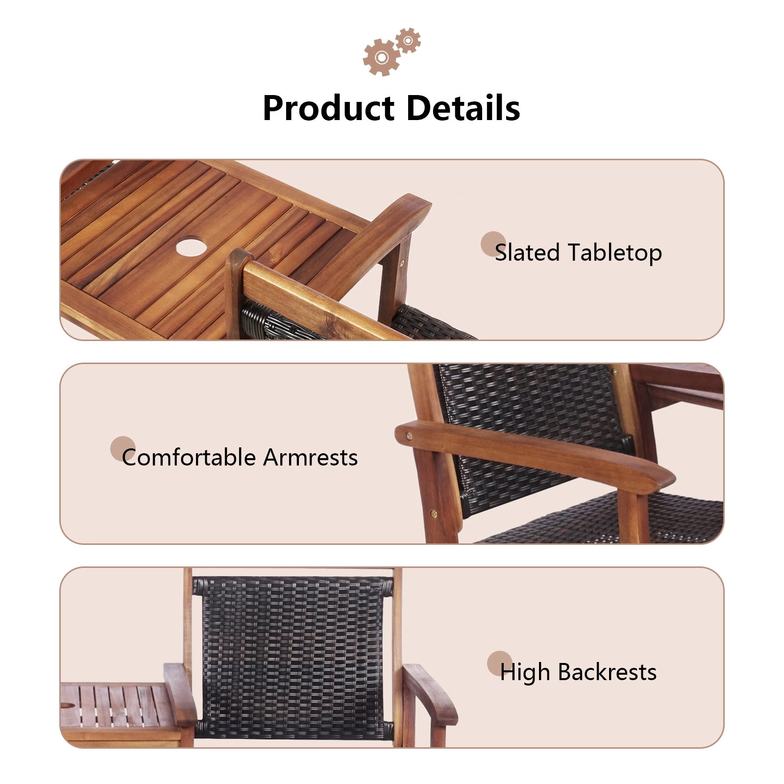 SUGIFT Reddish Brown 2-Seat Patio Bench with Center Table and Umbrella Hole