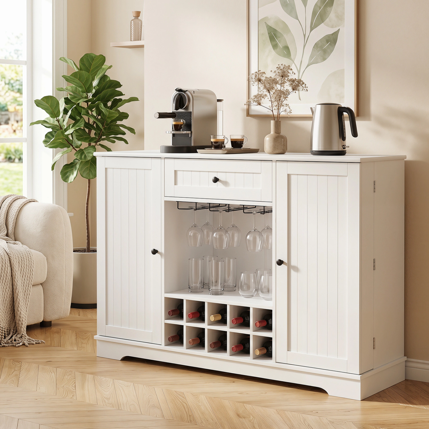 Glintex 47.5-Inch Sideboard with 10-Bottle Wine Rack and Door Shelves, White