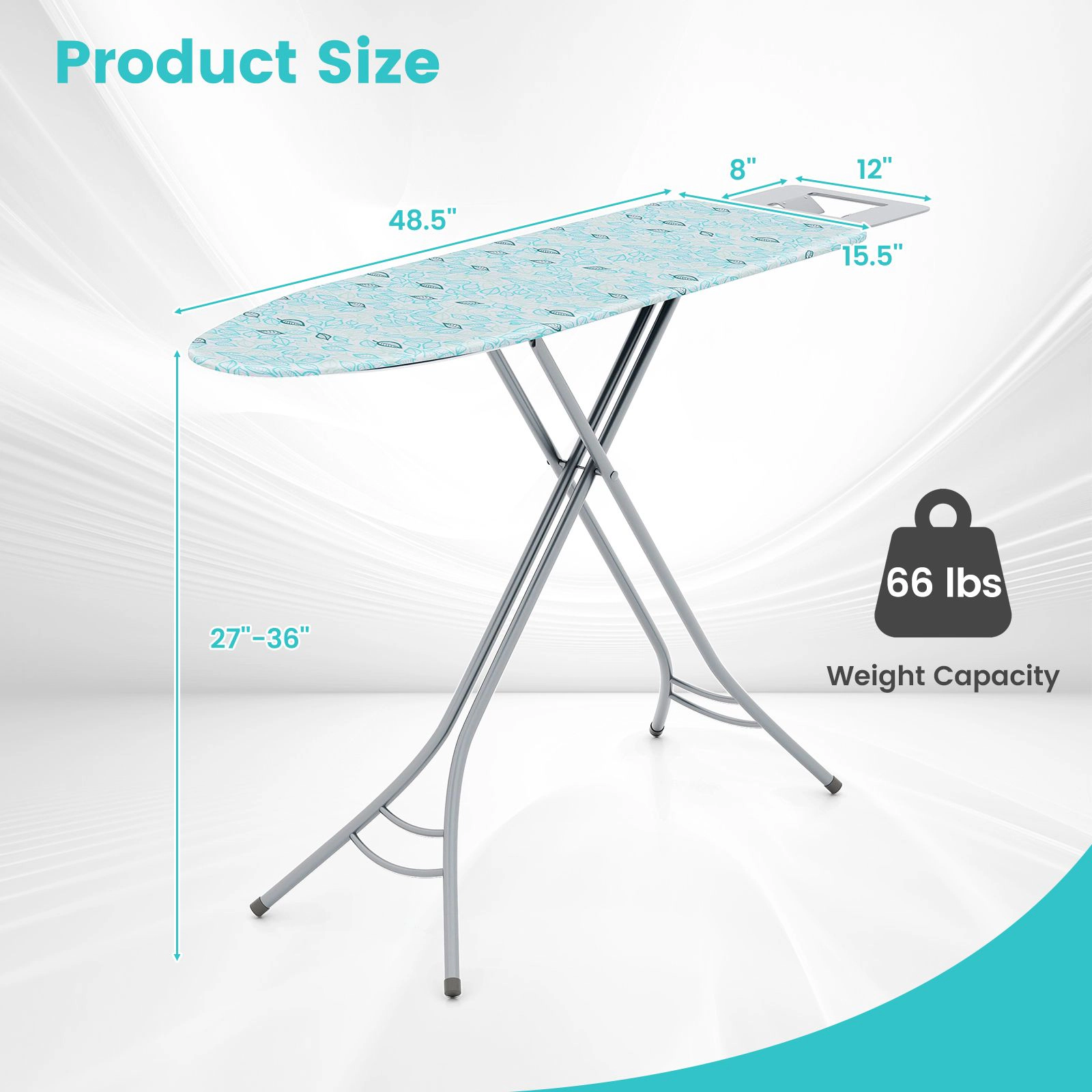 SlickBlue Turquoise Adjustable Ironing Board with Iron Rest, 7 Height Settings