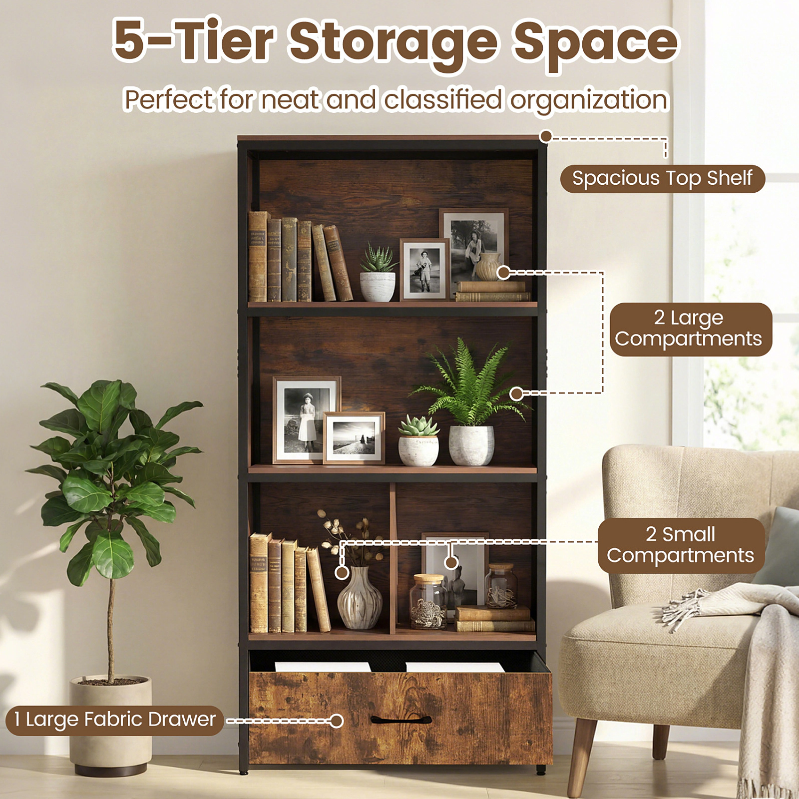 SUGIFT Rustic Brown Bookcase with Removable Fabric Drawer 27-in W 12-in D 56-in H 44-lb Per Large Compartment