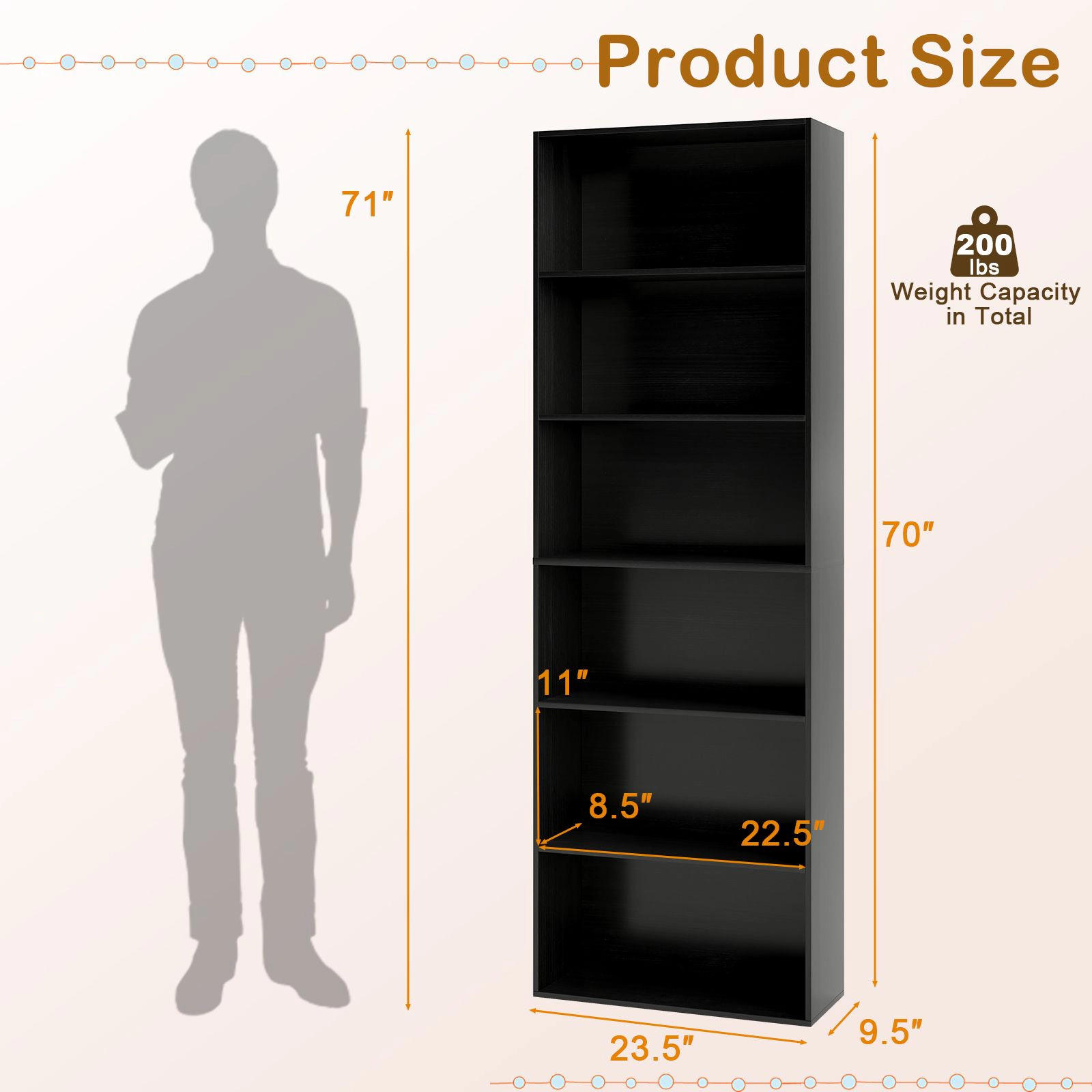 SlickBlue 70 Inch Freestanding Bookcase Display Shelf with 6 Storage Tiers