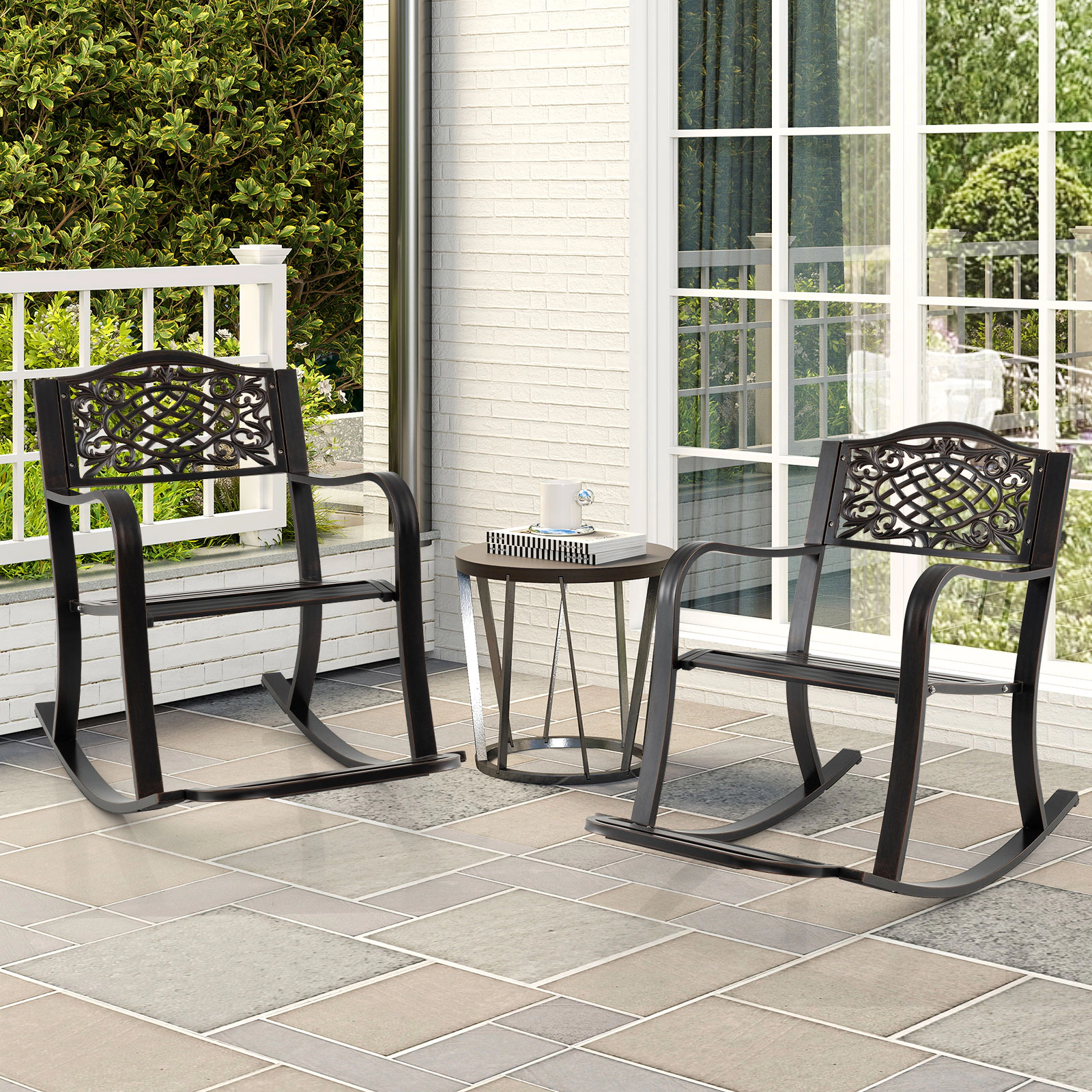 SUGIFT Cast Aluminum Patio Rocking Chair with Footrest and Curved Armrests 330-Lb Capacity 40-in Frame Antique Brown