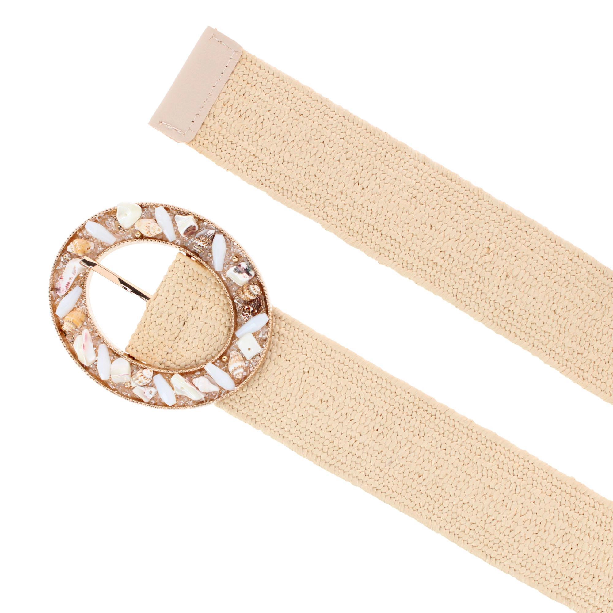 CTM Women's One Raffia Stretch Belt with SeaShell Buckle