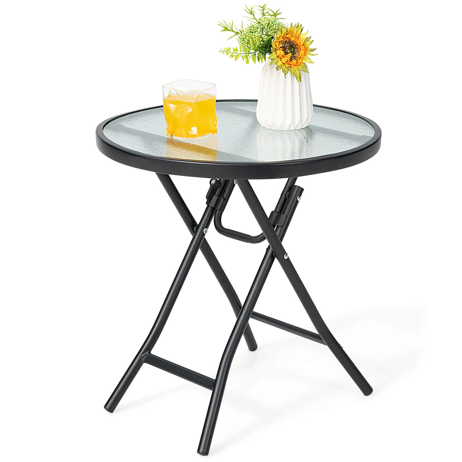 SUGIFT 18-In Black Folding Tempered Glass Outdoor Side Table with Rustproof X-Frame