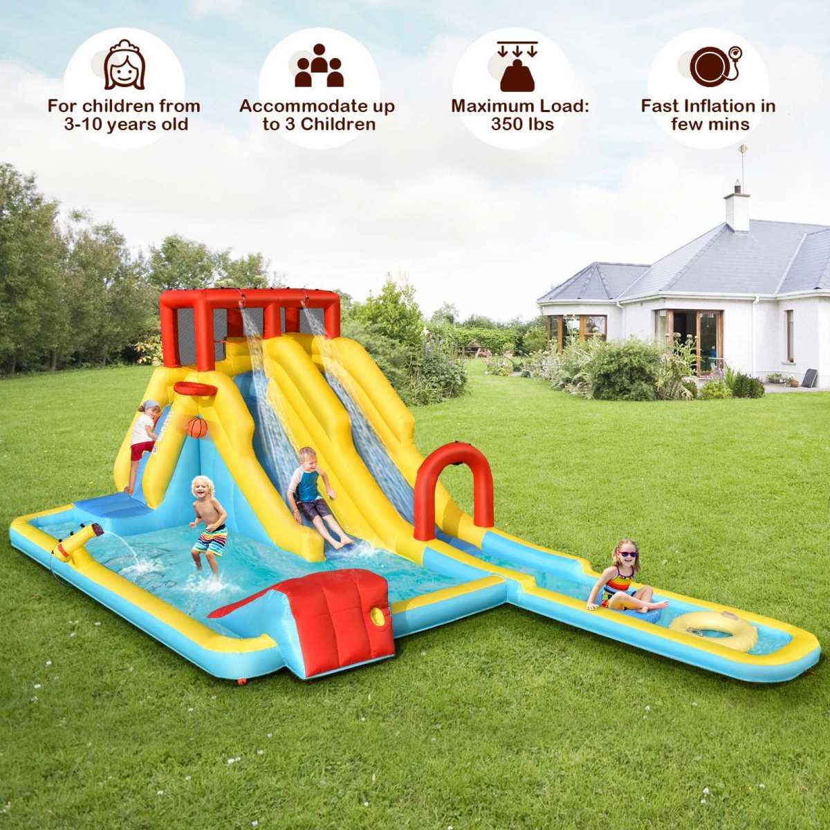 SUGIFT 7-in-1 Inflatable Dual Slide Water Park Bounce House 88.5-in Tall 350-lb Capacity Ages 3-10 With 680W Blower