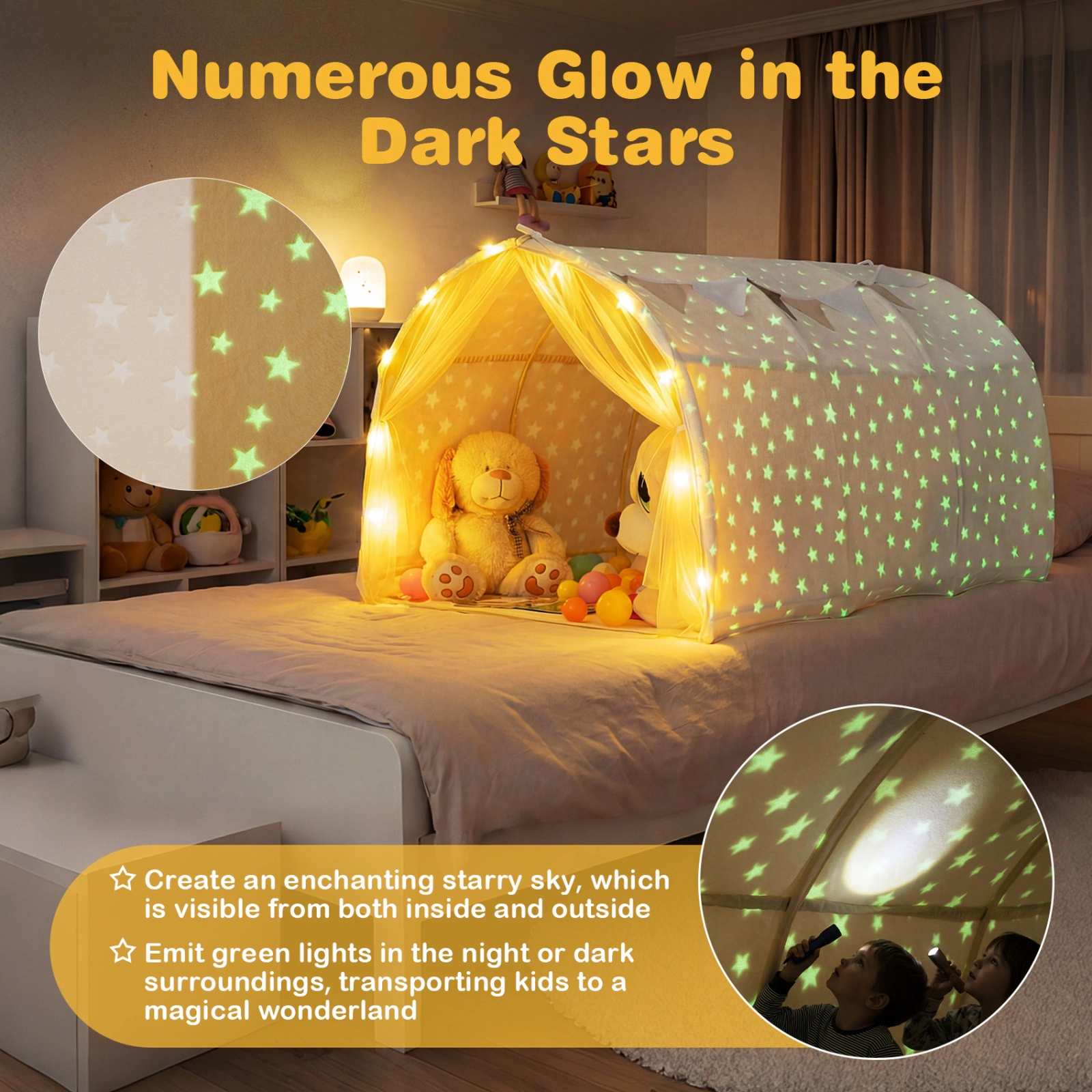 SUGIFT Kids Bed Tent Beige for Twin Bunk Bed with Glow in the Dark Stars