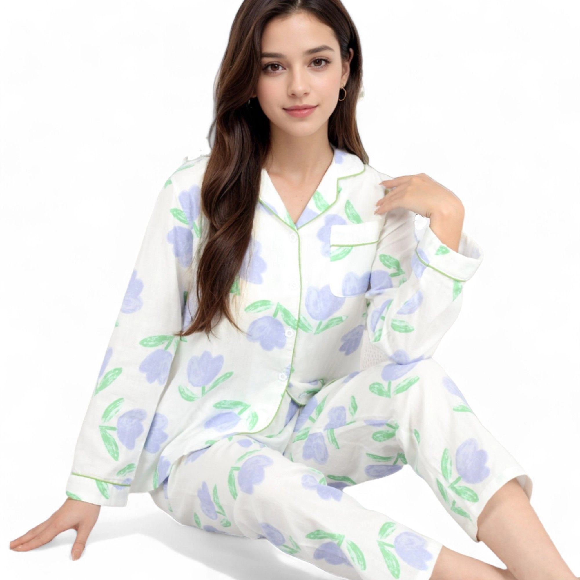 Anna-Kaci Women's Floral Print 2-Piece Pajama Set with Long Sleeve Button Up Top and Relaxed Fit Pants