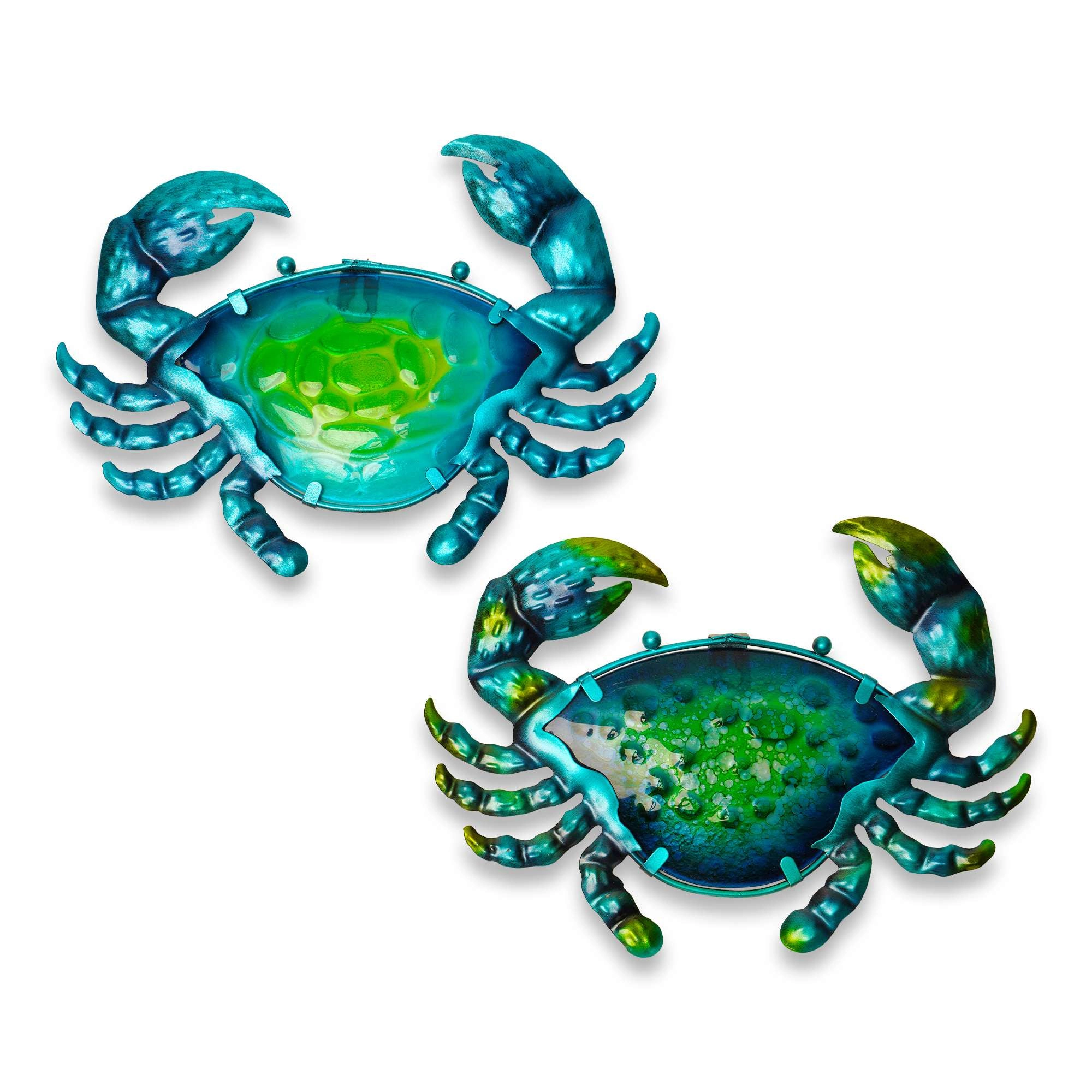 G128 Blue Crab Metal Wall Art - Hand-Painted Glass and Iron Coastal Wall Hanging, 15 x 7 in, Indoor/Outdoor
