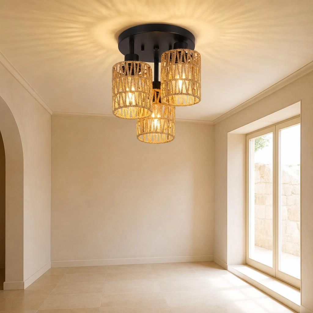 ELEMENT ACE Round Woven Rattan Metal Ceiling Light