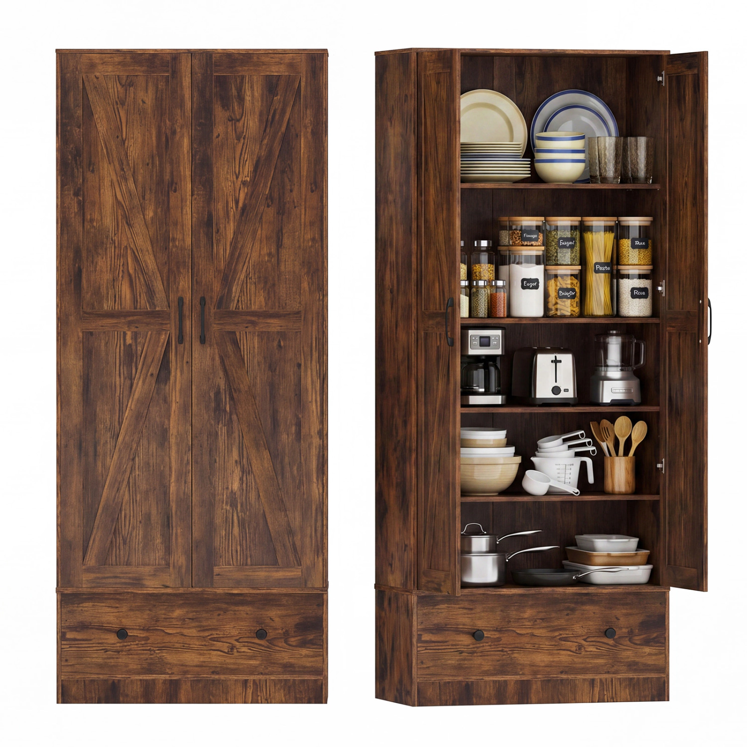 Glintex 72-Inch Farmhouse Pantry Cupboard with 5-Tier Shelves and Drawer