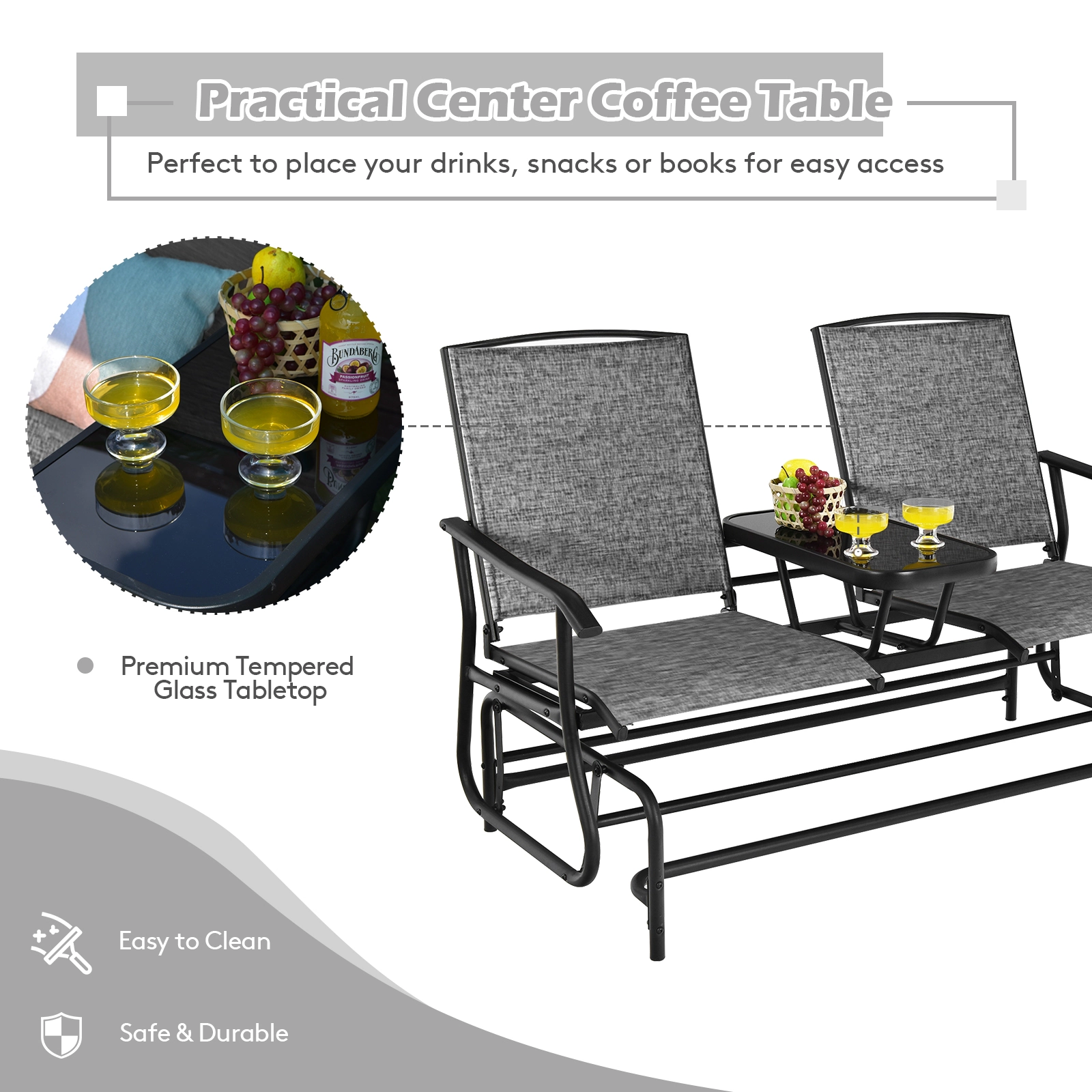 SUGIFT 2-Person Rocking Loveseat with Center Tempered Glass Table 530-lb Capacity Gray