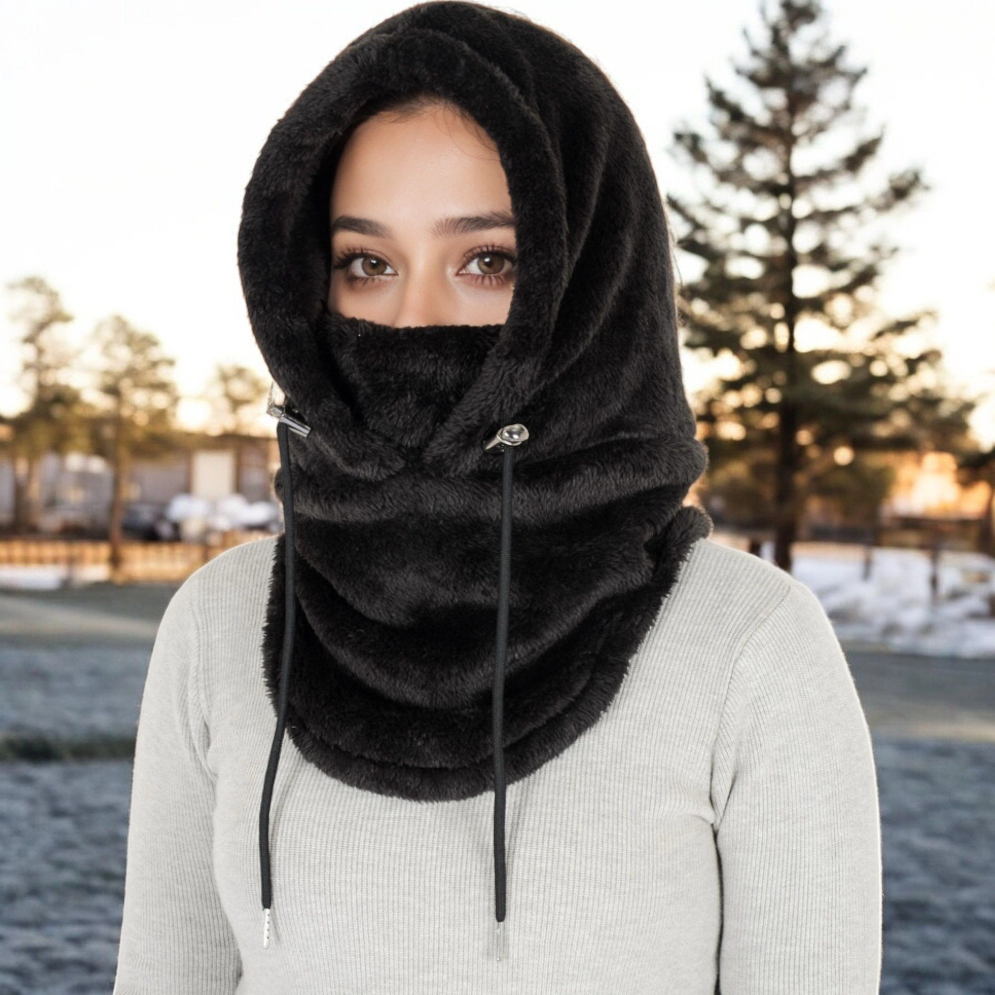 Anna-Kaci Women's Faux Shearling Hooded Scarf with Adjustable Drawstrings and Extended Neck Coverage