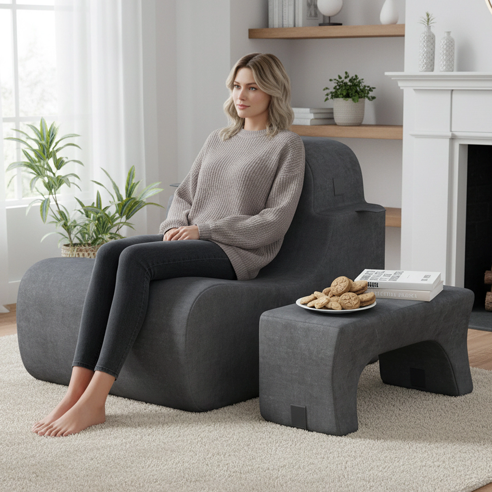 SUGIFT 350-lb Capacity Gray Ice Velvet One-Piece Sponge Floor Chair Lazy Sofa with Detachable Headrest