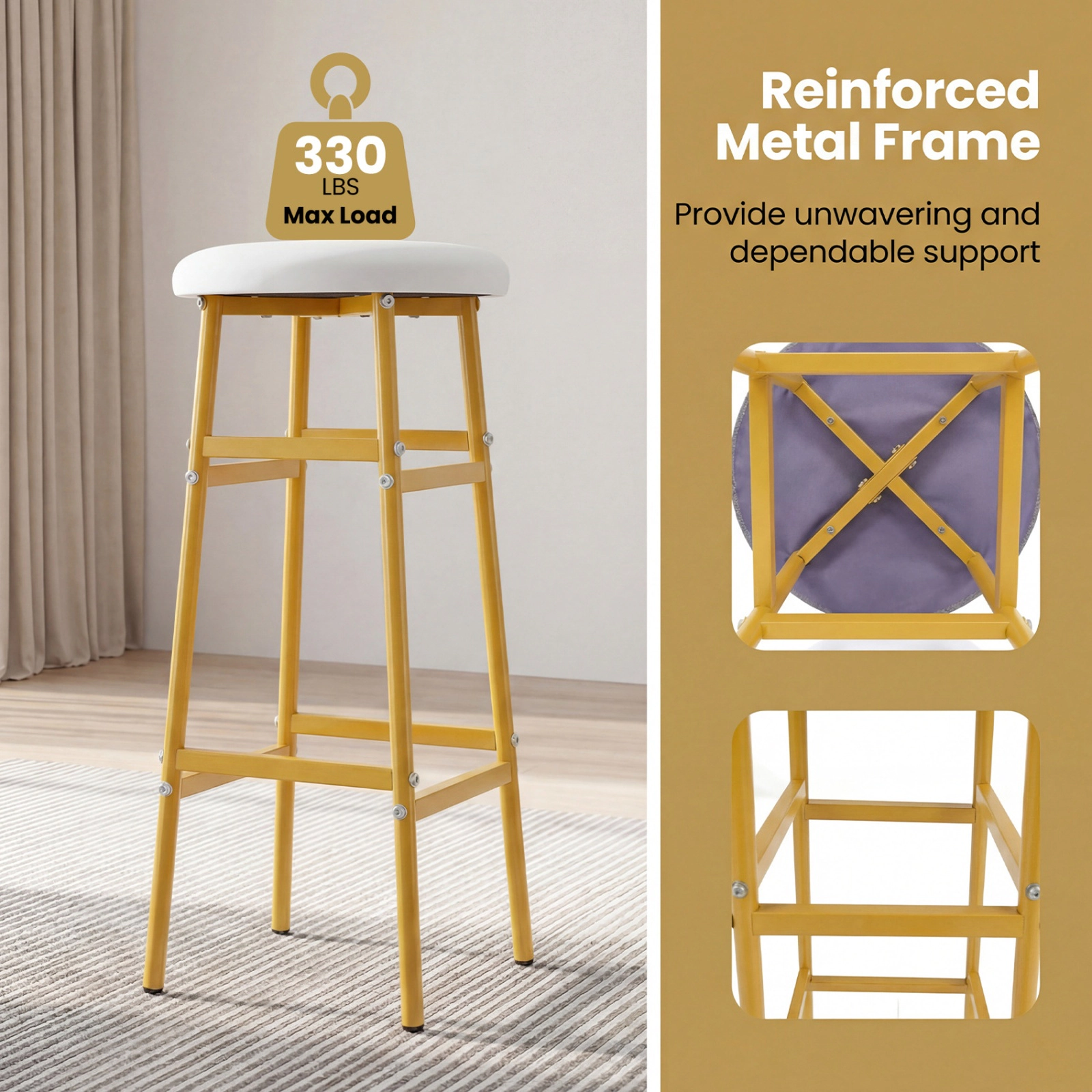 SUGIFT Upholstered Seat and Two-Level Footrest Set of 2 Metal Bar Stools