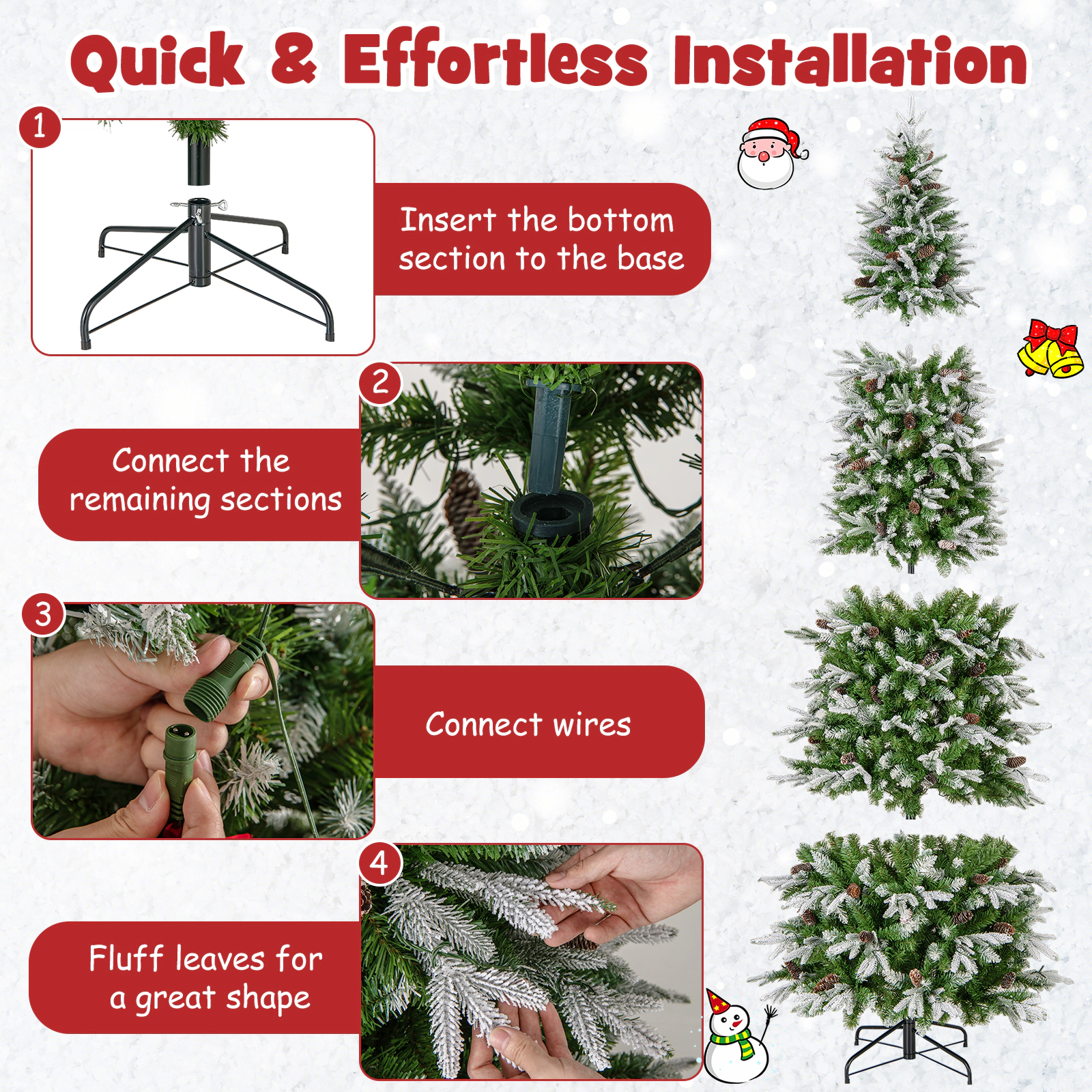 SUGIFT 9-ft Slim Snow Flocked Pre-Lit Artificial Christmas Tree with 470 LED Lights and 98 Pine Cones